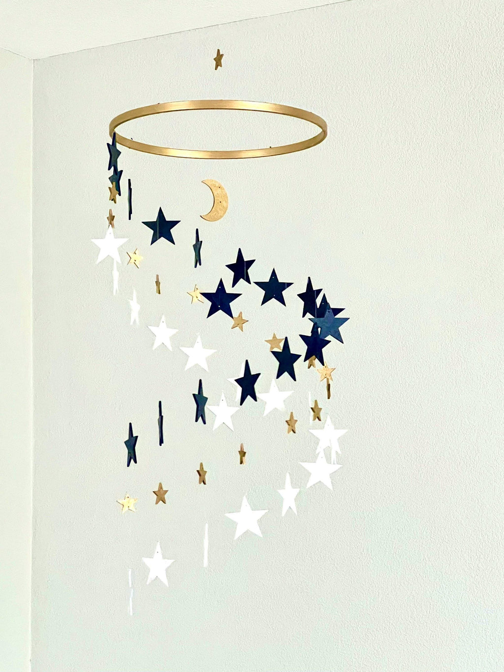 Gold and navy and white stars baby mobile, wood stars and moon mobile nursery, toddlers mobile, kids room decor, minimalist mobiles