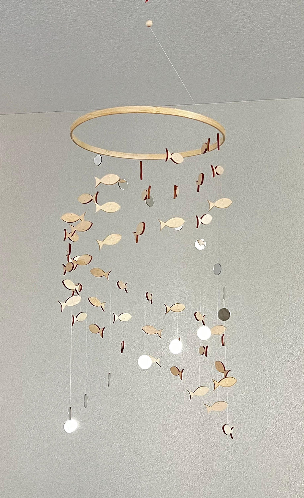 Wood fish and mirrors baby mobile , marine boho nursery night mobile, fishing kids mobile, minimalist mobile, fisherman neutral mobil
