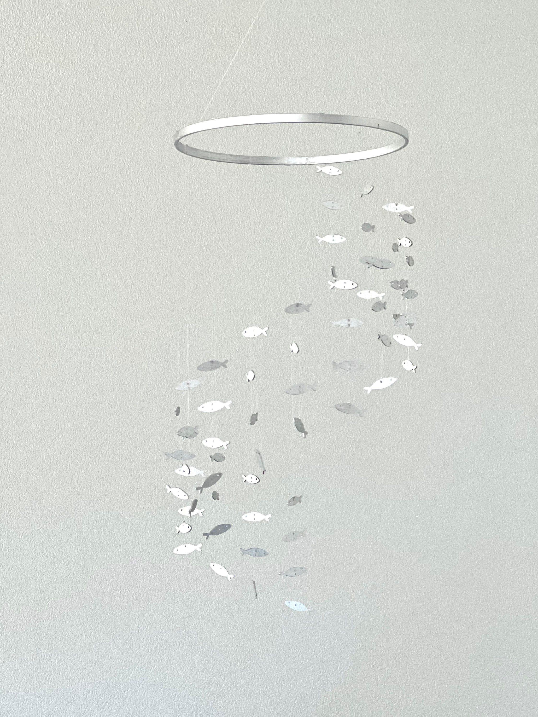 Silver wood fish baby mobile, marine crib mobile nursery, night baby mobile, kids mobile, minimalist mobile, gender neutral mobile