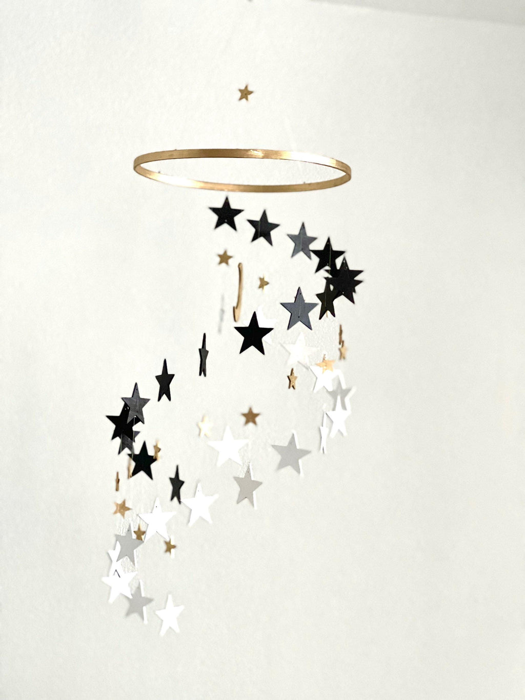 Gold and black and white stars baby mobile, wood stars and moon mobile nursery, spinning mobile, kids room decor, minimalist mobiles