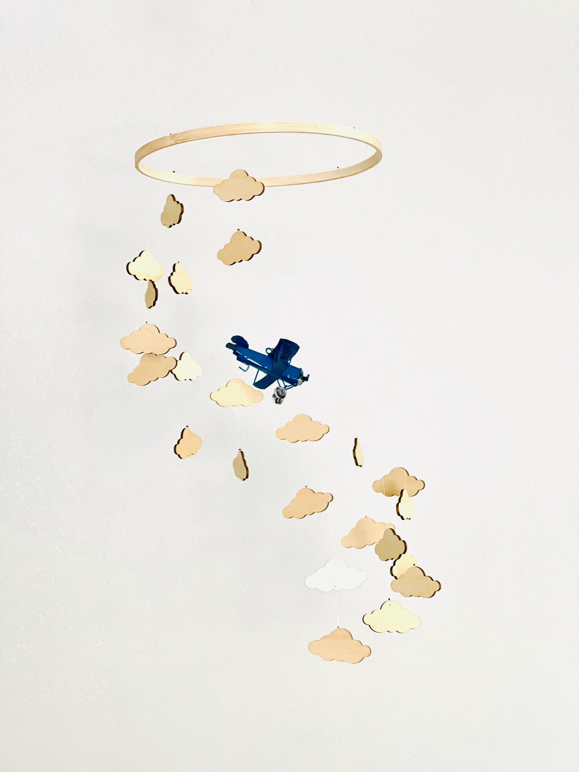 Airplane and clouds baby mobile, spiral crib mobile nursery, night baby mobile, kids mobile, minimalist mobile, gender neutral mobile
