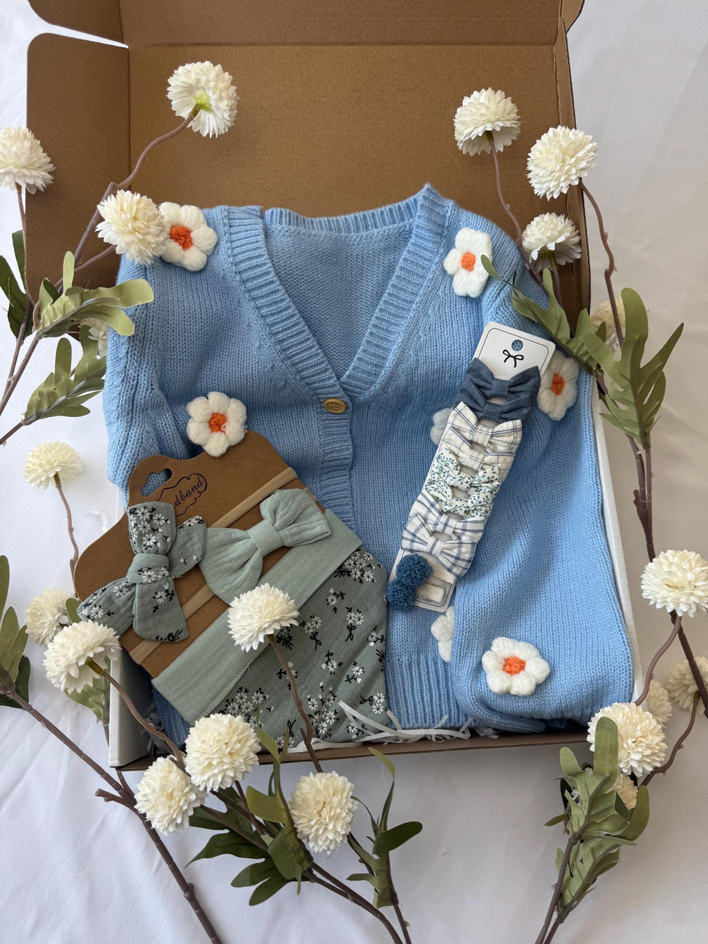 Baby Gift Box – Blue Knit Cardigan with Daisies, Headbands & Bib | Baby Shower Gift |  Outfit Set | Coming Home Gift| 9 month