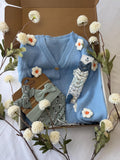 Baby Gift Box – Blue Knit Cardigan with Daisies, Headbands & Bib | Baby Shower Gift |  Outfit Set | Coming Home Gift| 9 month