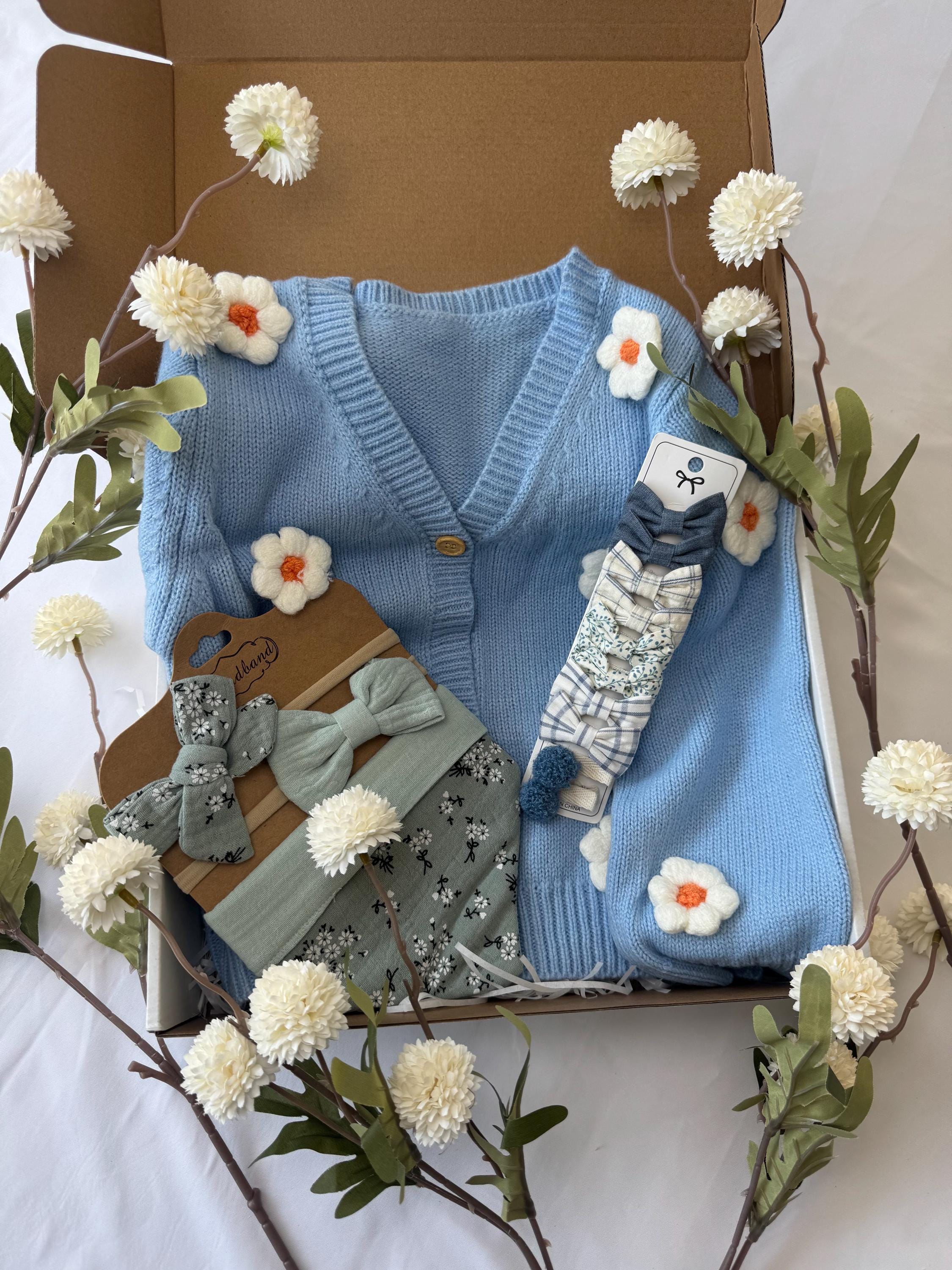Baby Gift Box – Blue Knit Cardigan with Daisies, Headbands & Bib | Baby Shower Gift |  Outfit Set | Coming Home Gift| 9 month