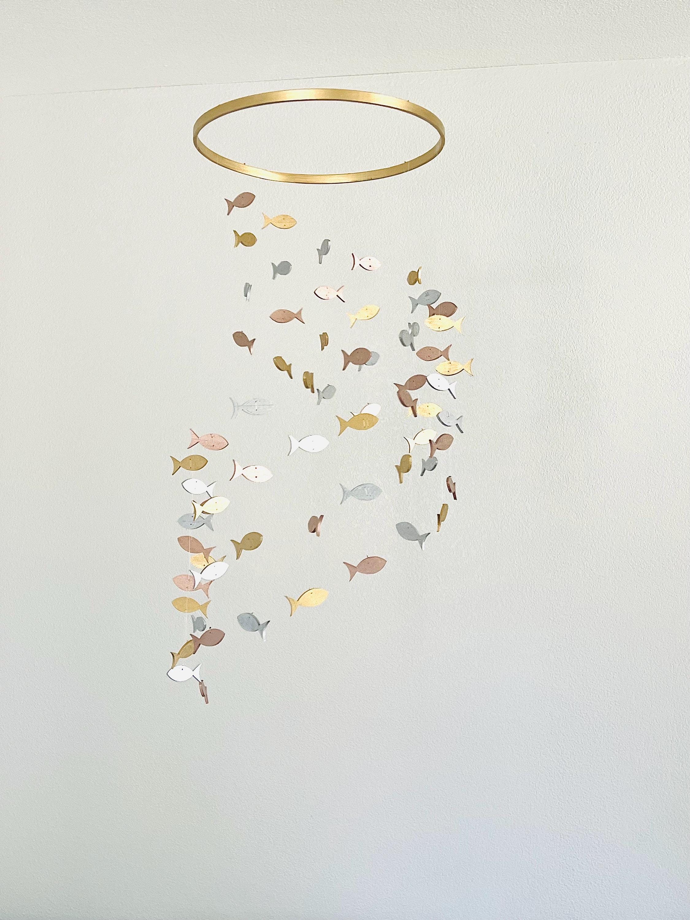 Multicolor fishing baby mobile, marine crib mobile nursery gold silver rose gold wood fish kids mobile toddler minimalist boho mobile