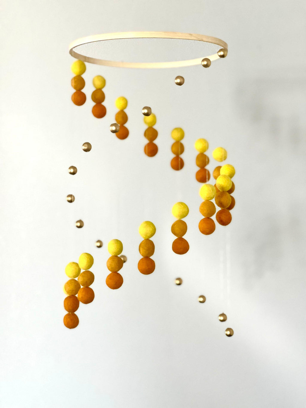 Gold balls and felt wool ball mobile, sunshine pom pom mobile, felt pom pom mobile, felt ball mobile, minimalist mobile, boho nursery decor
