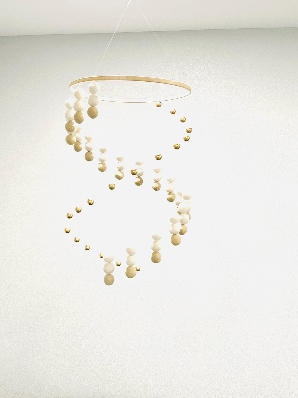 Gold balls and felt wool ball mobile, pom pom mobile, felt pom pom mobile, felt ball mobile, minimalist mobile, boho nursery decor