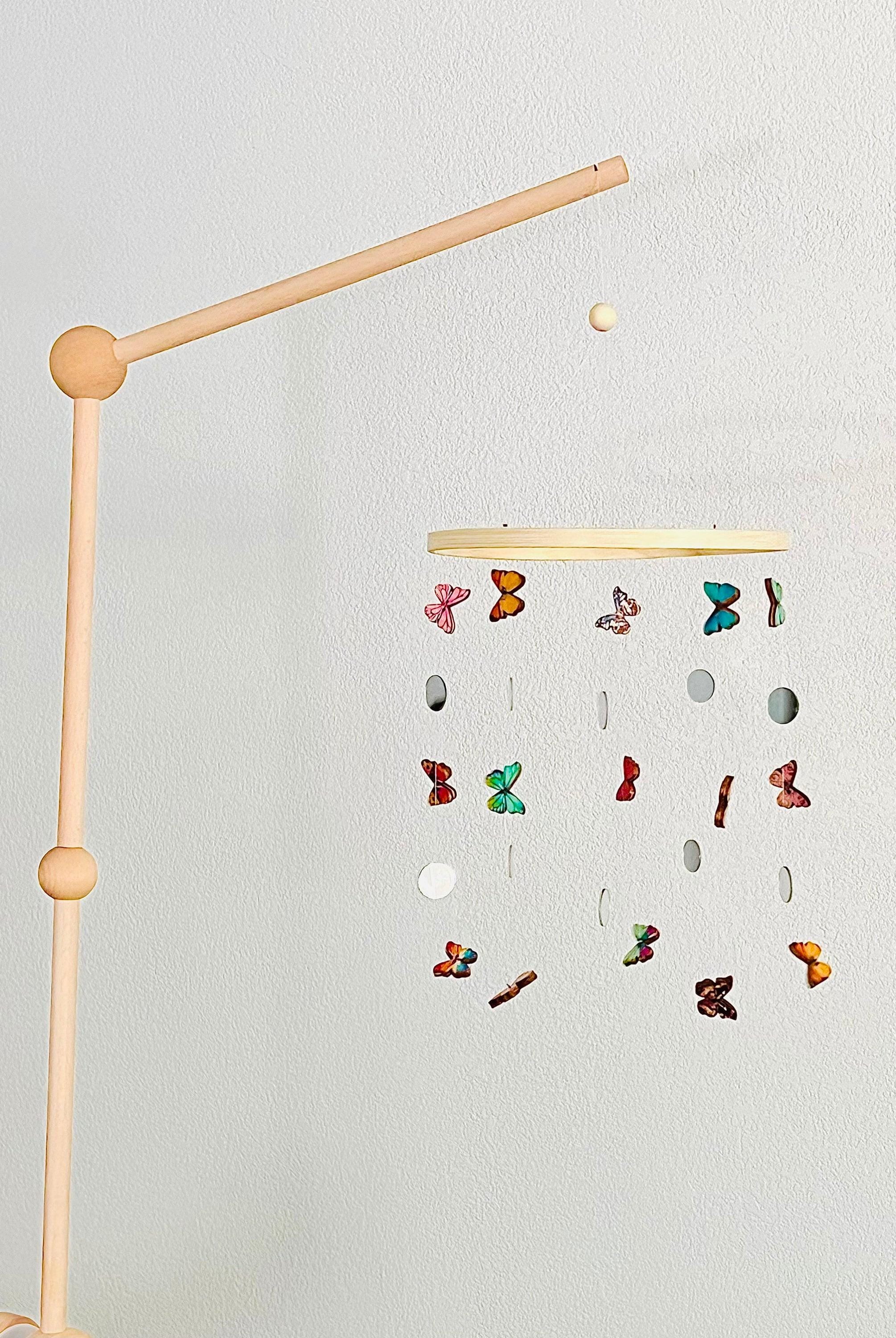 Multicolor wood butterflies and mirror circles baby mobile, nursery decorations, kids mobile, boho minimalist mobile