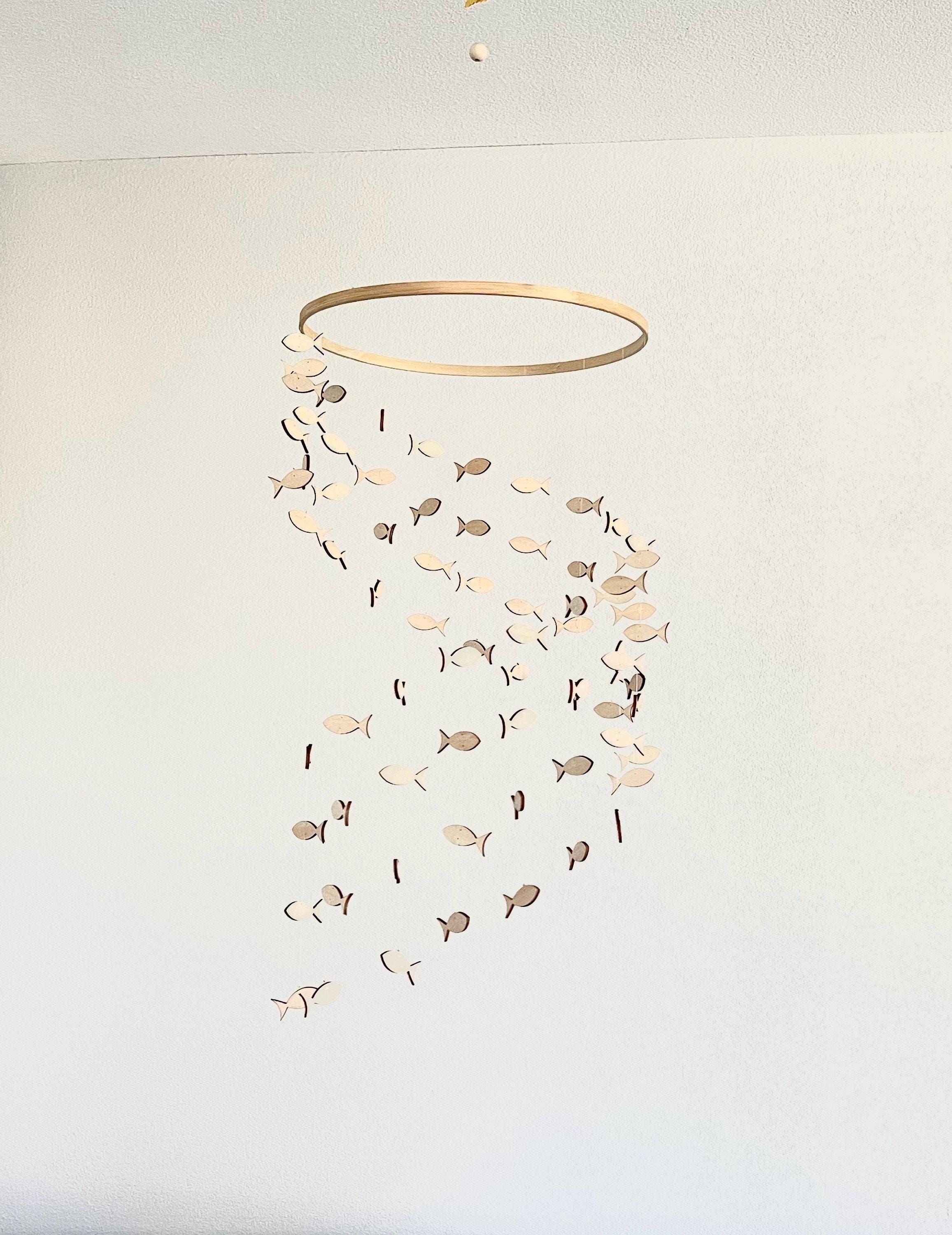 Wood fish baby mobile, marine crib mobile boho nursery night mobile, fishing kids mobile, minimalist mobile, fisherman neutral mobile