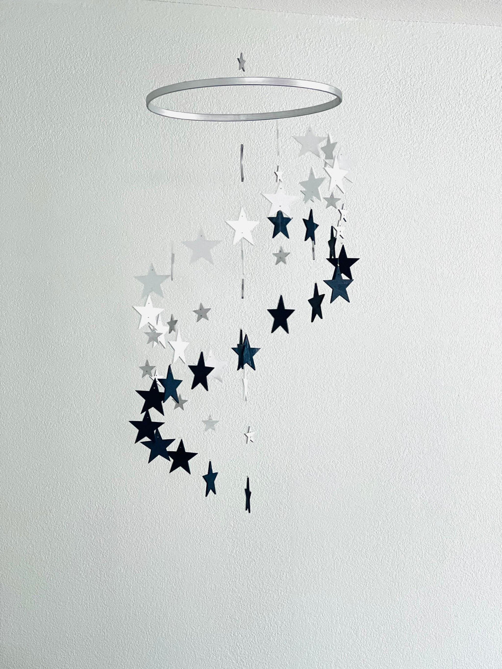 Silver navy and white stars baby mobile, wood stars and moon mobile nursery, toddlers mobile, kids room decor, minimalist mobiles