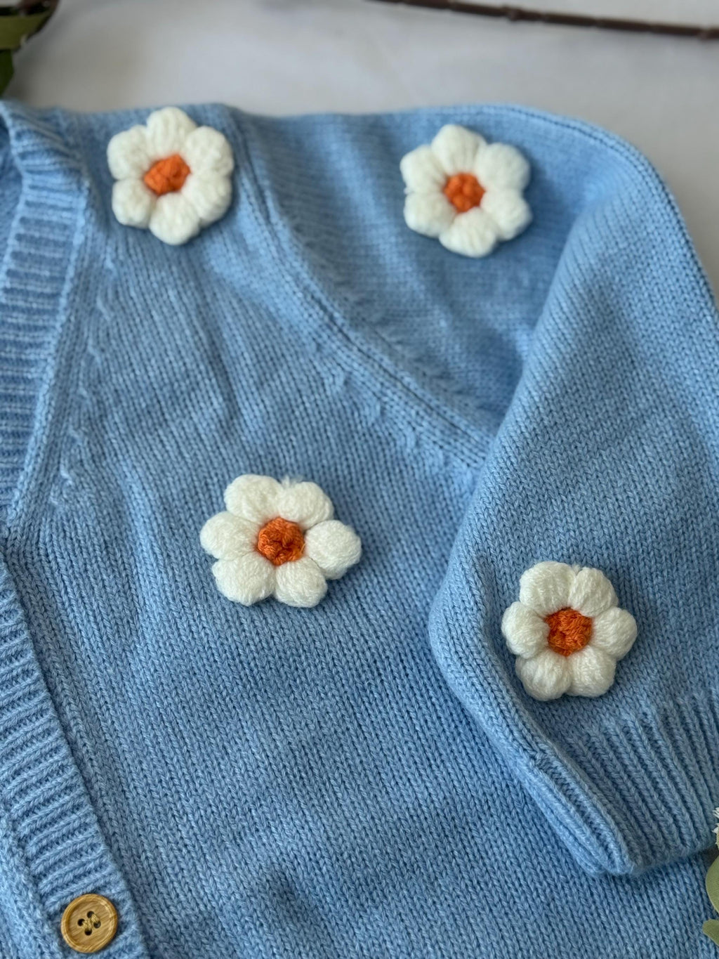 Baby Gift Box – Blue Knit Cardigan with Daisies, Headbands & Bib | Baby Shower Gift |  Outfit Set | Coming Home Gift| 9 month