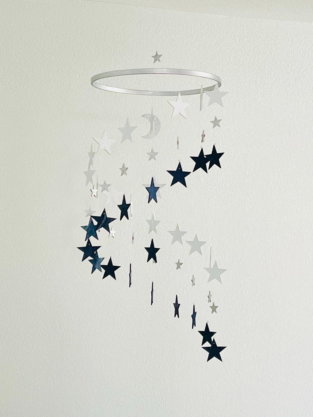 Silver navy and white stars baby mobile, wood stars and moon mobile nursery, toddlers mobile, kids room decor, minimalist mobiles