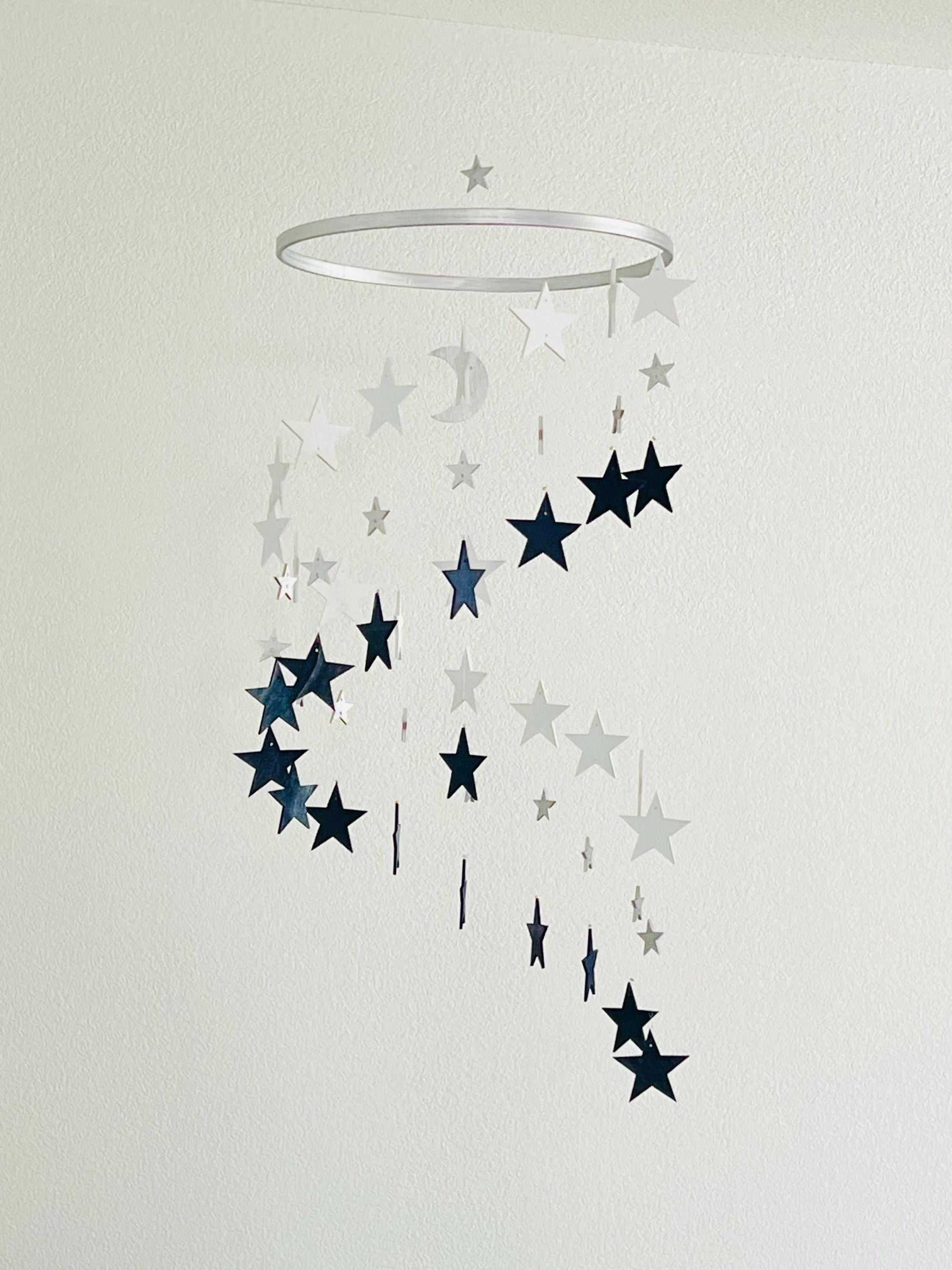 Silver navy and white stars baby mobile, wood stars and moon mobile nursery, toddlers mobile, kids room decor, minimalist mobiles