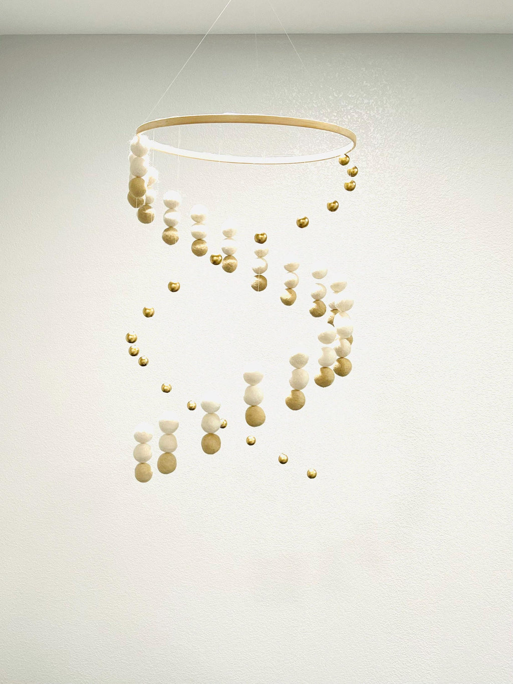 Gold balls and felt wool ball mobile, pom pom mobile, felt pom pom mobile, felt ball mobile, minimalist mobile, boho nursery decor