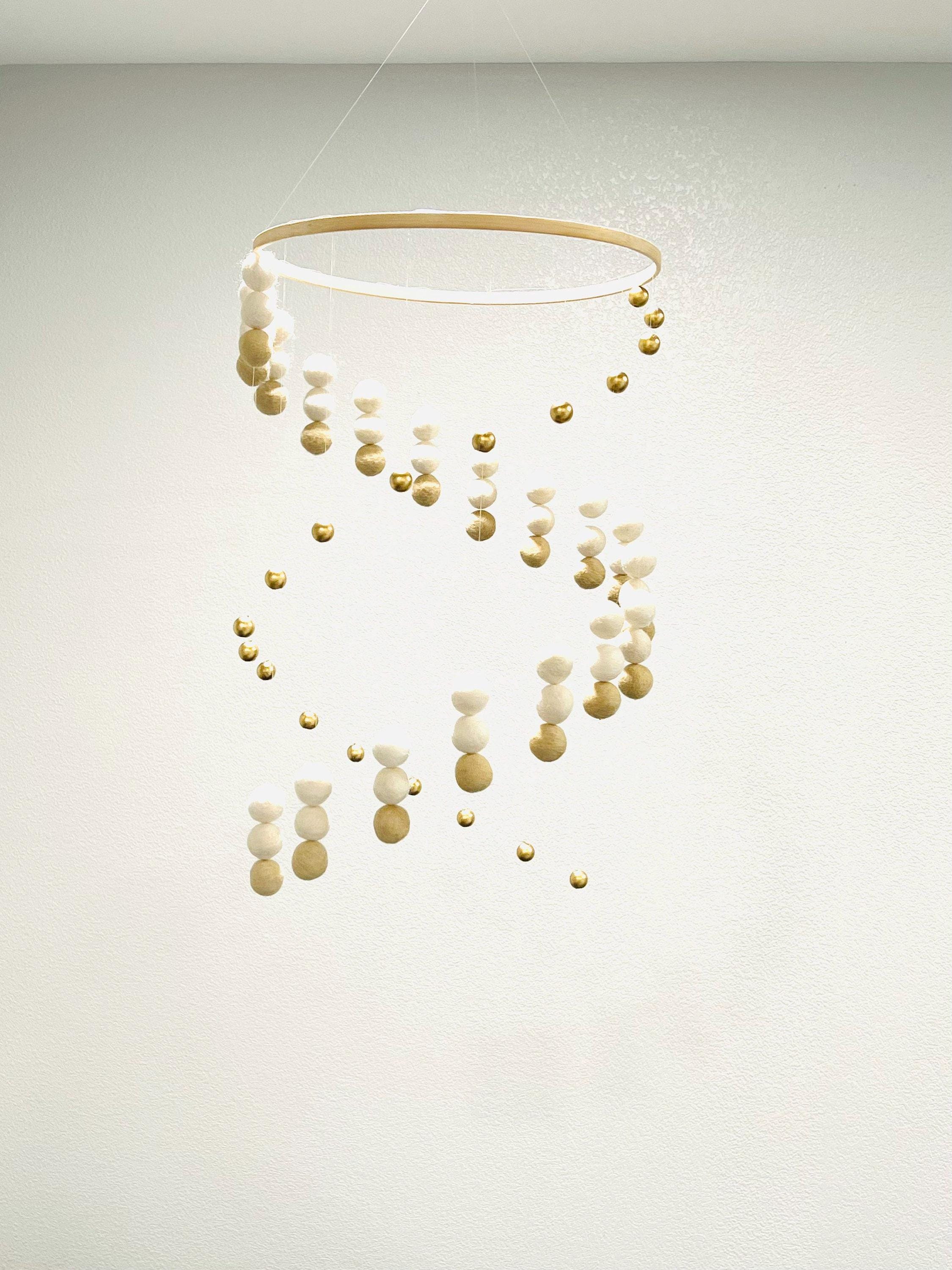 Gold balls and felt wool ball mobile, pom pom mobile, felt pom pom mobile, felt ball mobile, minimalist mobile, boho nursery decor