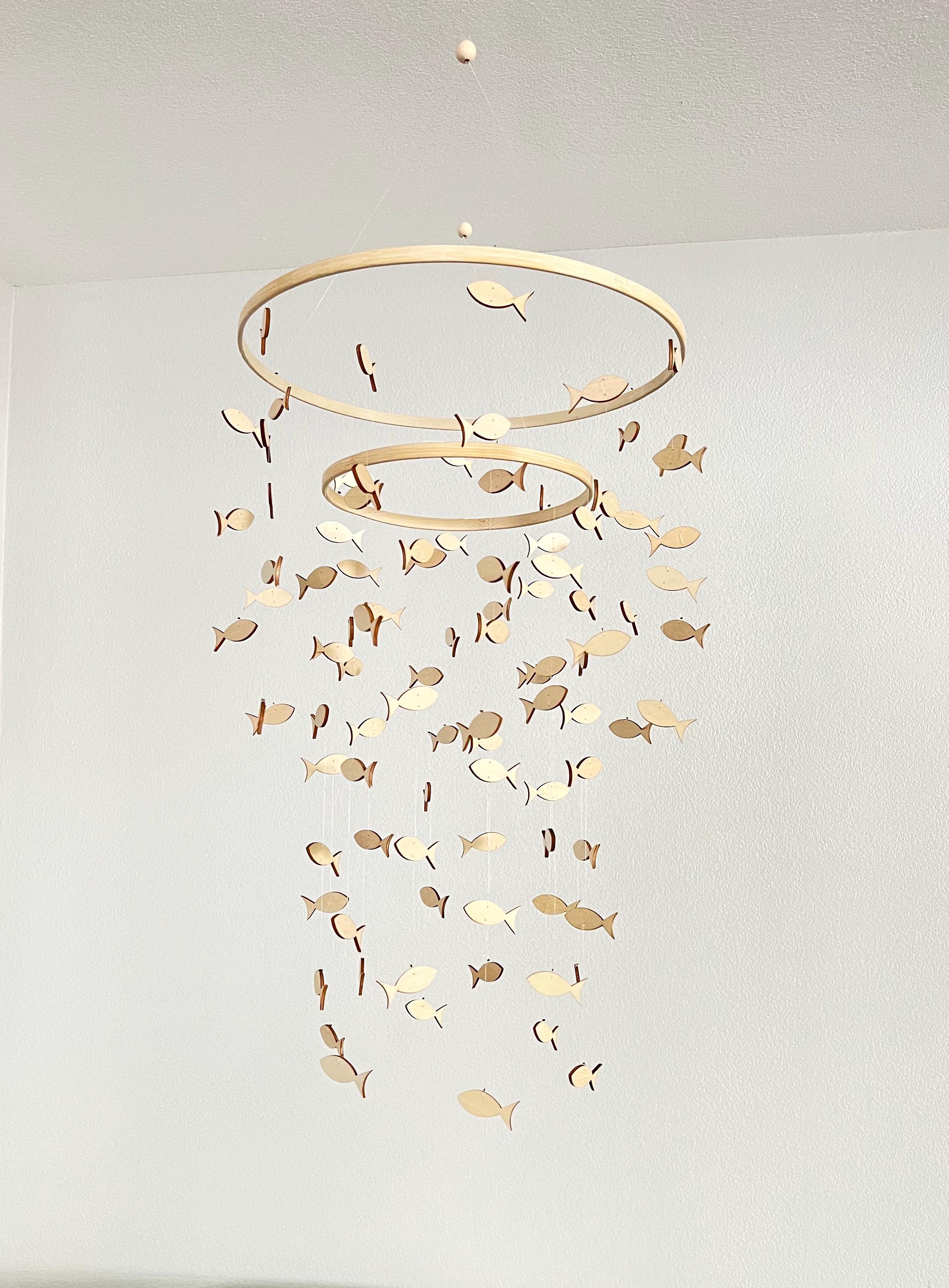 Big natural wood multicolored fishing mobile, marine crib mobile nursery, kids mobile, minimalist mobile, gender neutral mobile
