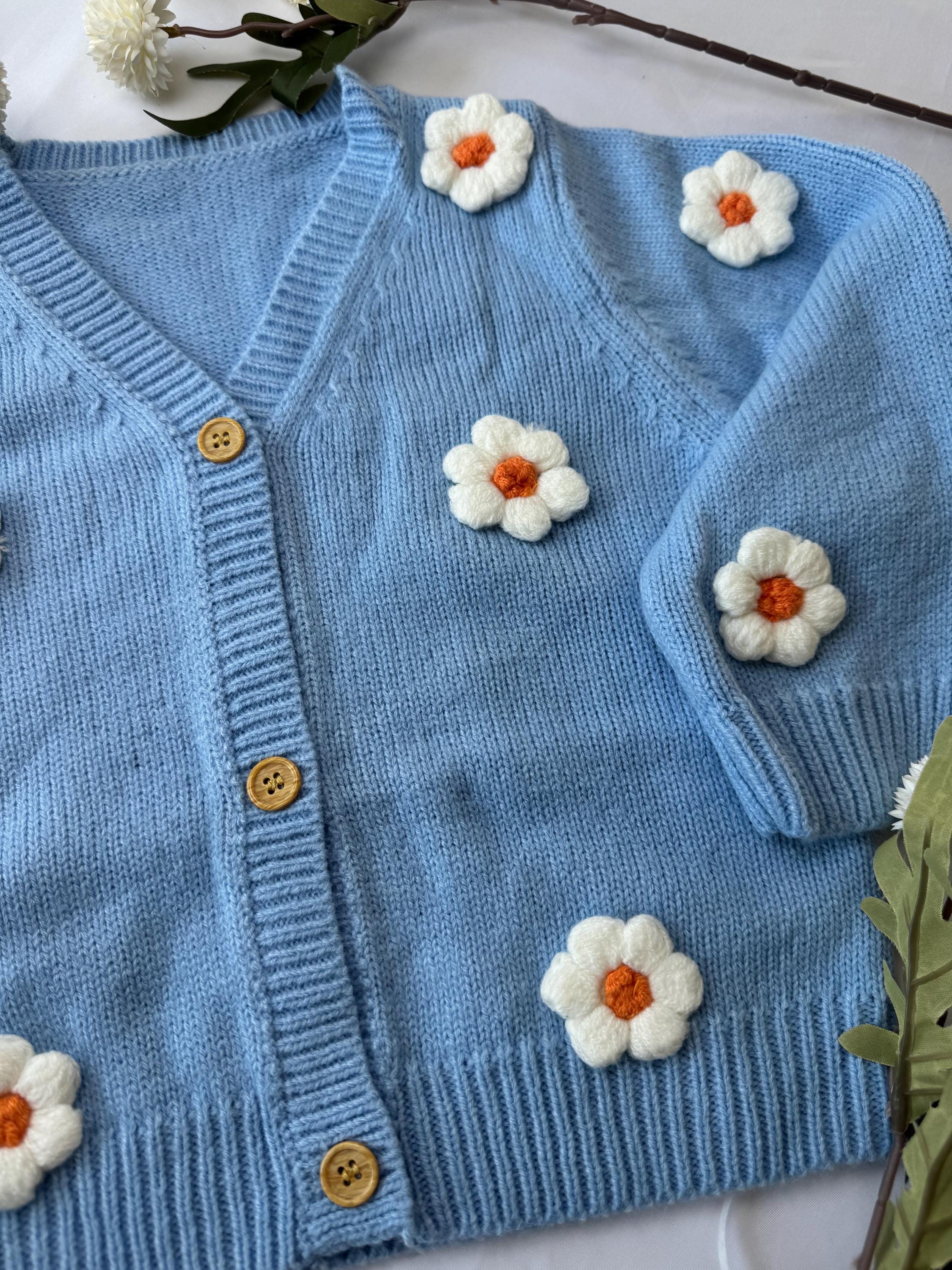 Baby Gift Box – Blue Knit Cardigan with Daisies, Headbands & Bib | Baby Shower Gift |  Outfit Set | Coming Home Gift| 9 month