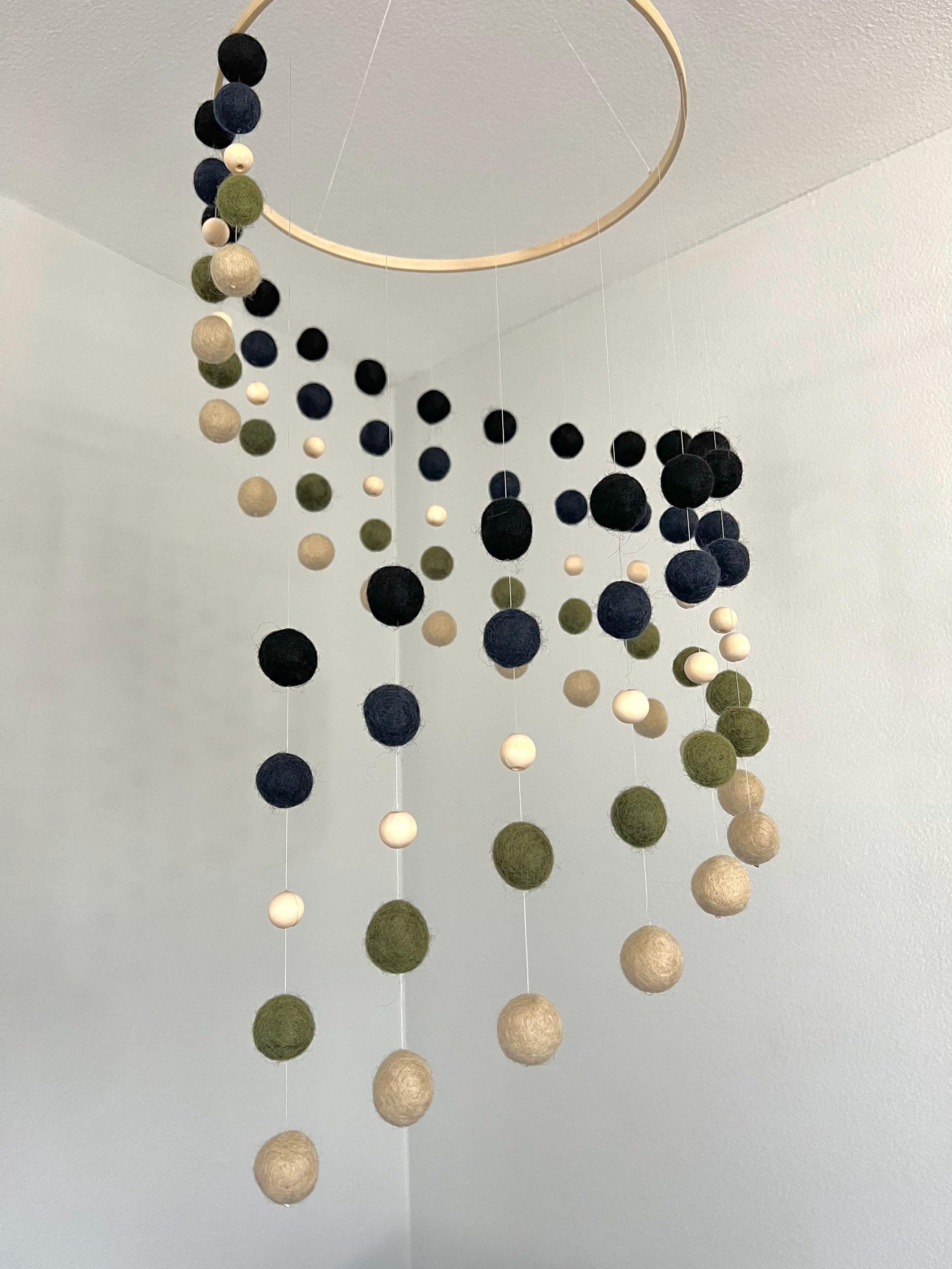 Felt wool and wood ball mobile, pom pom mobile, woodland felt pom pom mobile, minimalist mobile, boho nursery decor