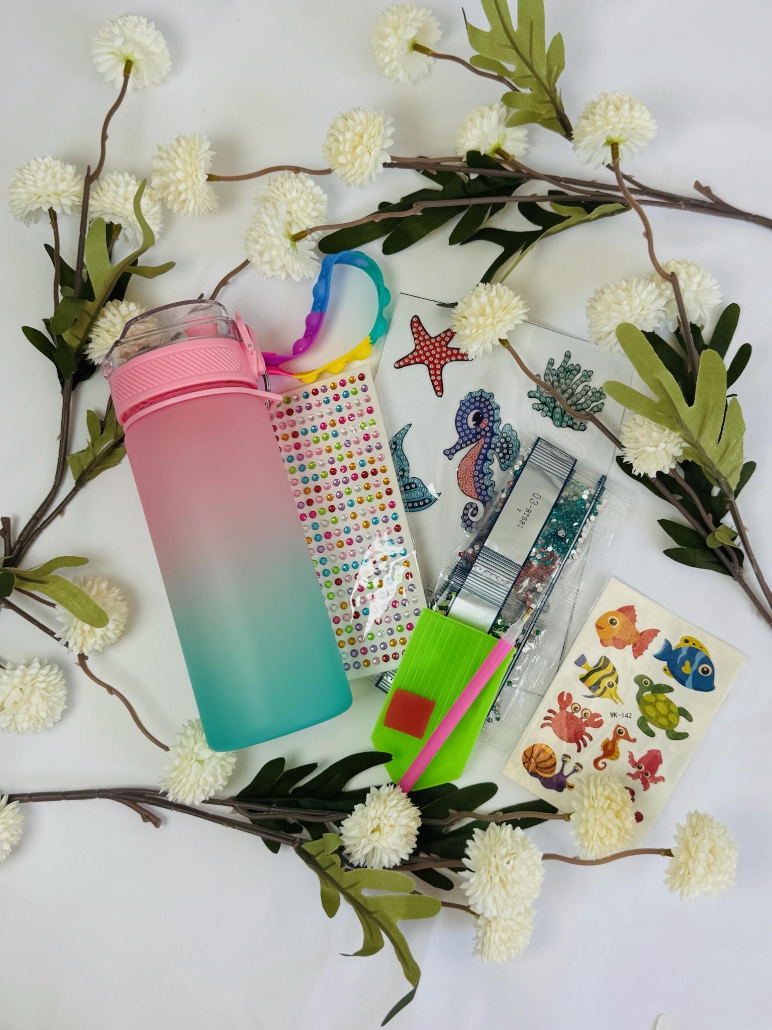 Blue and  Pink Self-Care Gift Box – Jewelry Organizer, Water Bottle and Spa Accessories