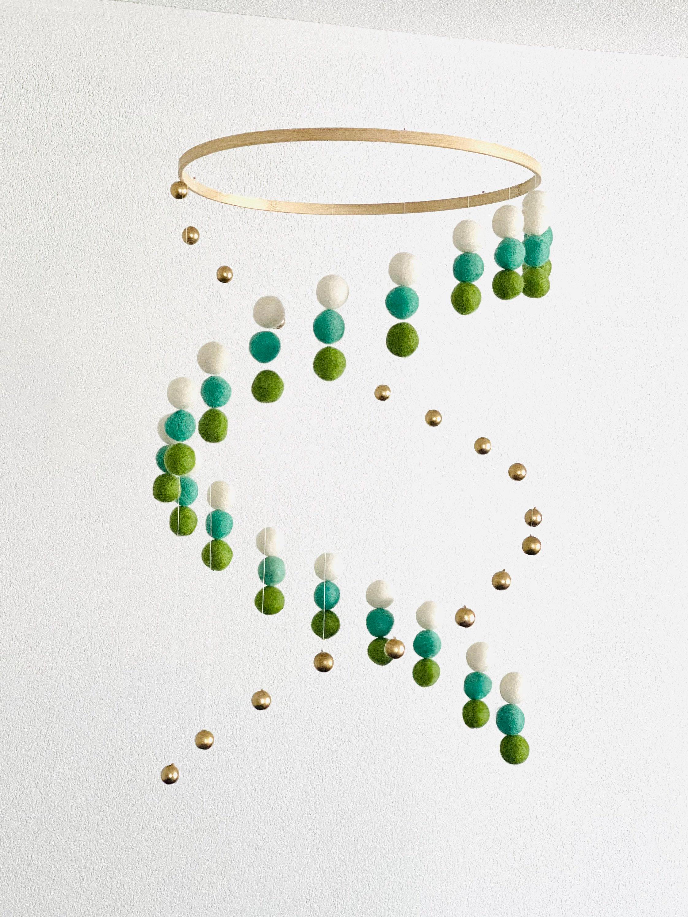 Gold silver balls and felt wool balls mobile, neutral felt pom pom mobile, felt ball mobile, minimalist mobile, boho nursery decor