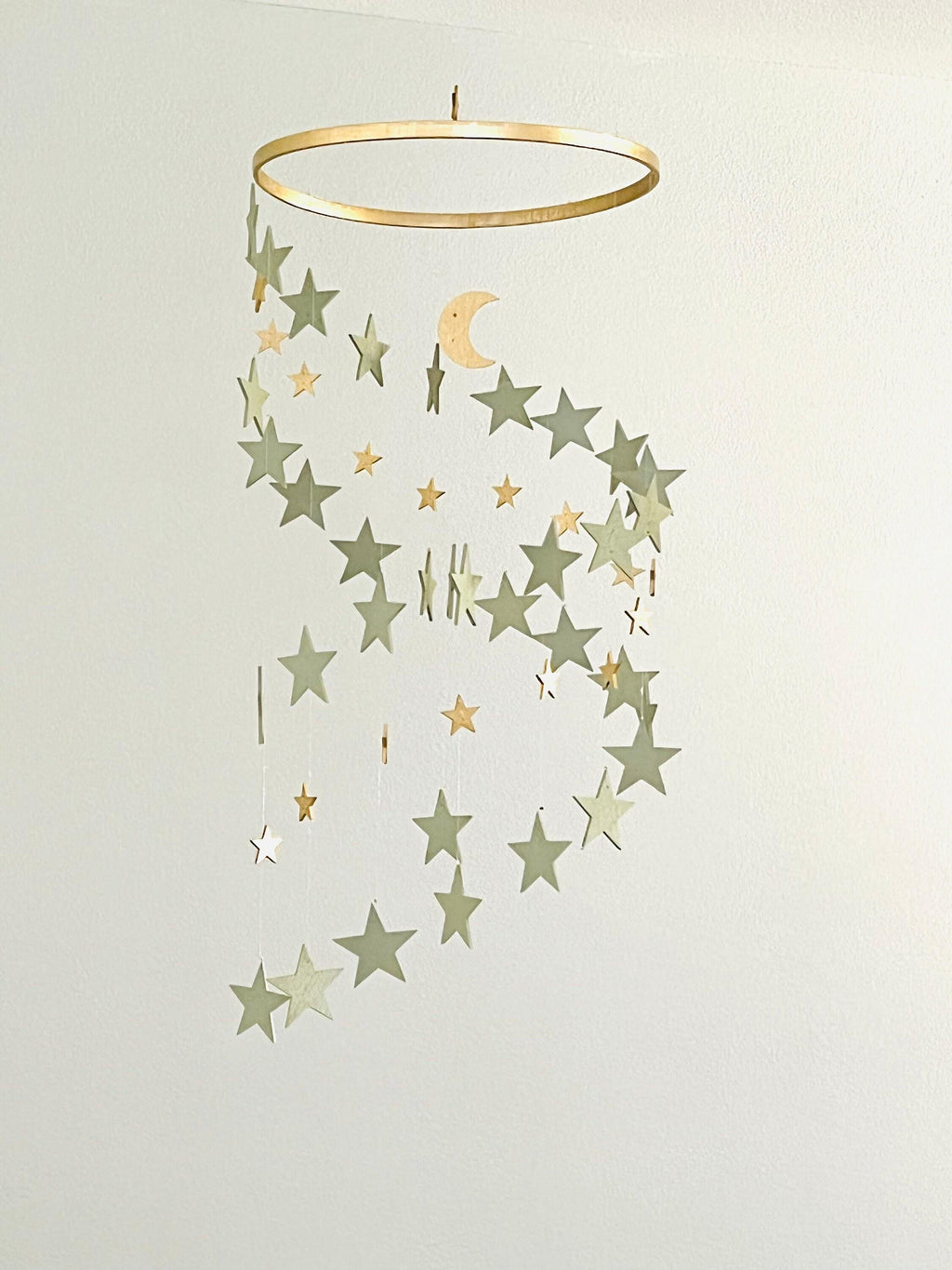 Gold and sage green stars baby mobile, wood stars and moon mobile nursery, toddlers mobile, kids room decor, minimalist mobiles