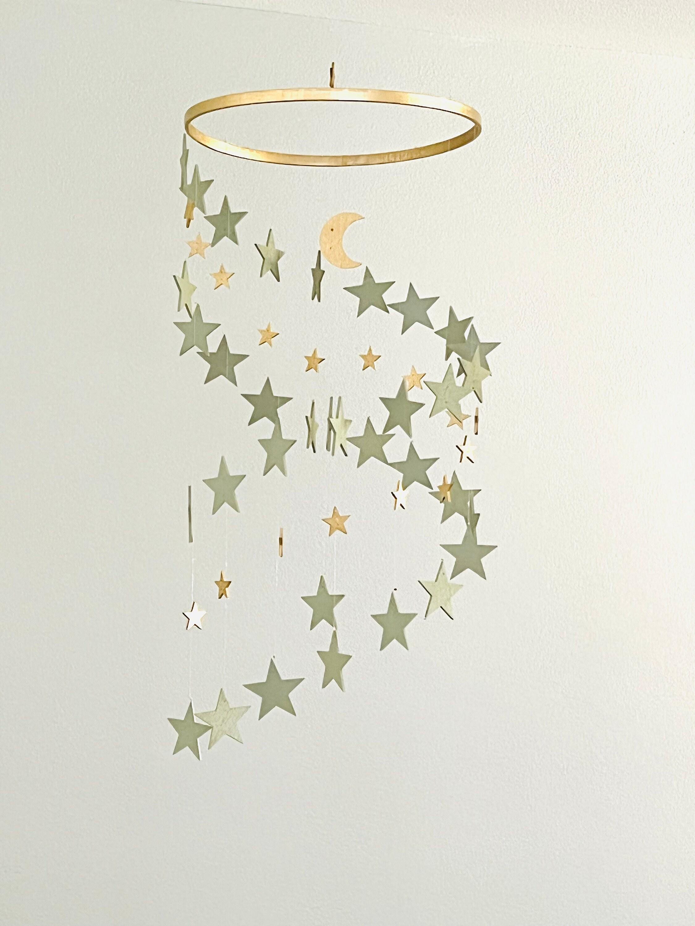 Gold and sage green stars baby mobile, wood stars and moon mobile nursery, toddlers mobile, kids room decor, minimalist mobiles