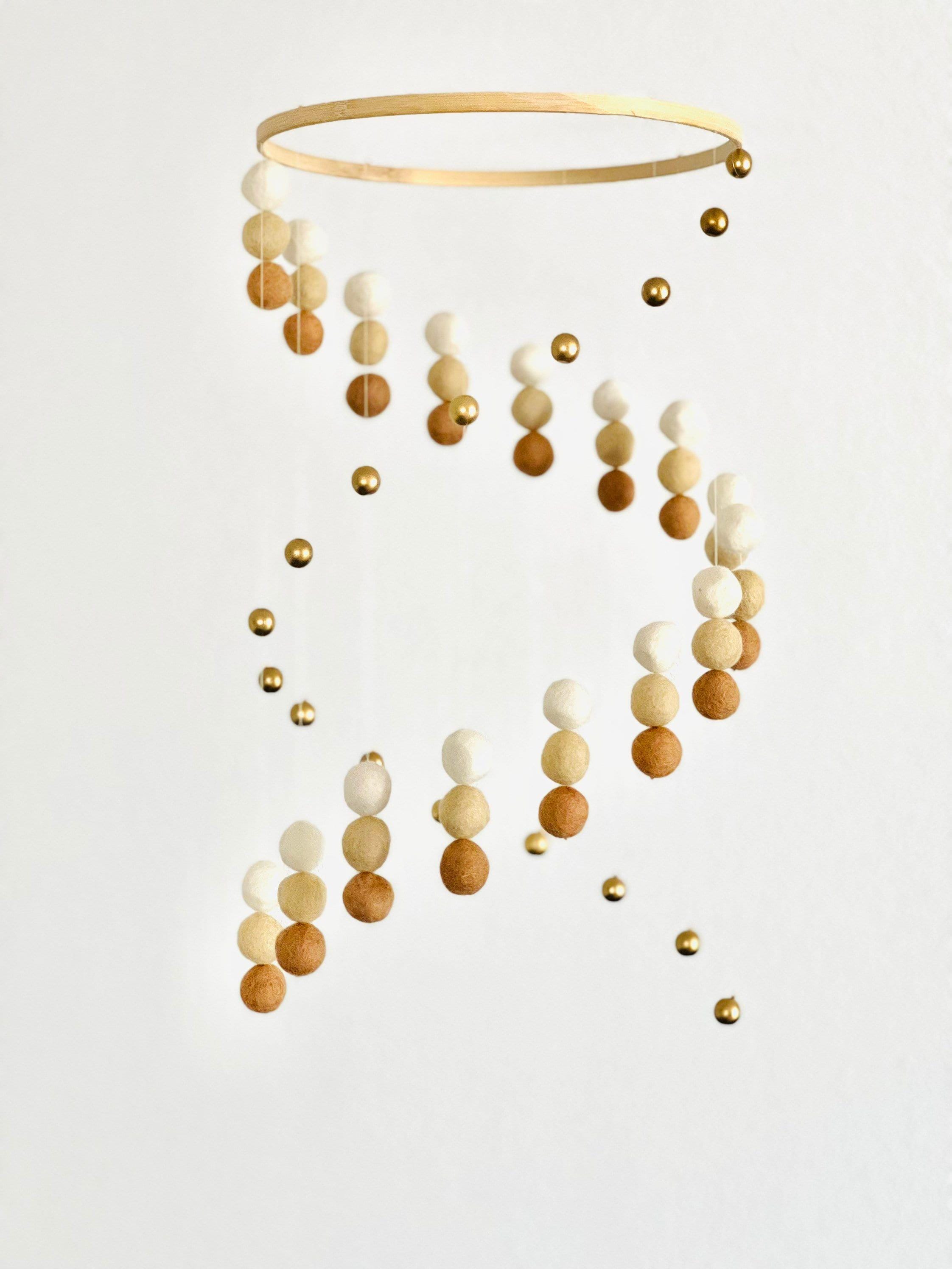 Gold silver balls and felt wool balls mobile, neutral felt pom pom mobile, felt ball mobile, minimalist mobile, boho nursery decor