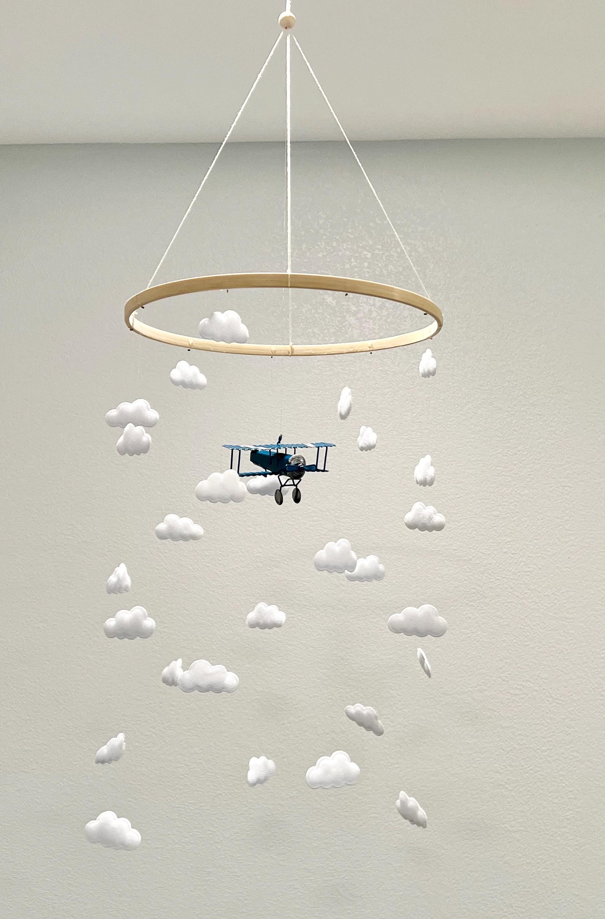 Blue airplane baby mobile, cloud felt baby mobile, baby boy mobile, pilot mobile, gender neutral nursery, baby boy nursery, baby mobile