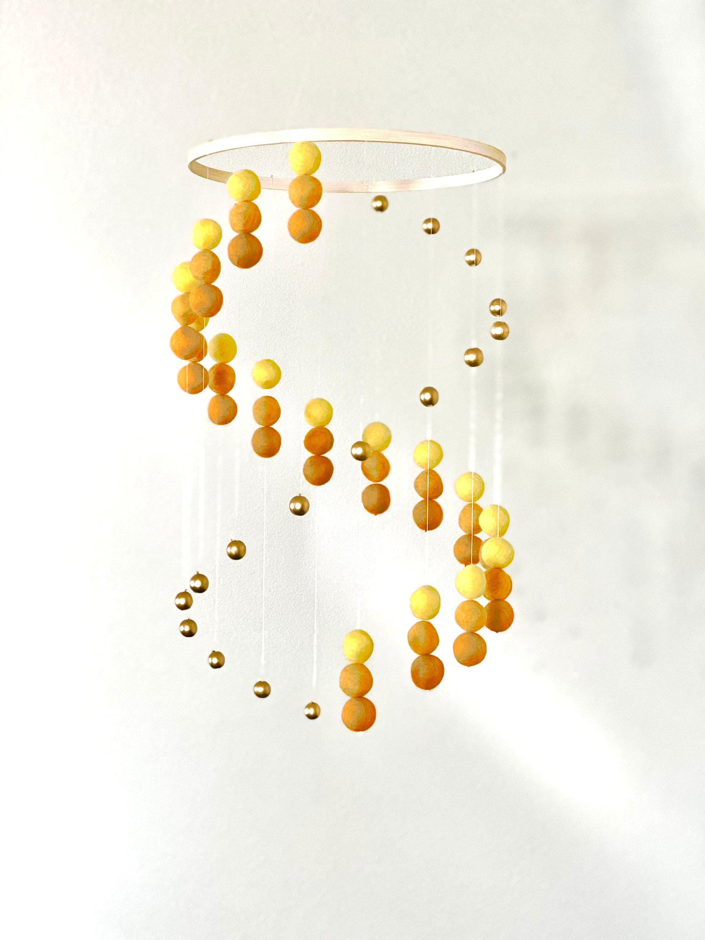 Gold balls and felt wool ball mobile, sunshine pom pom mobile, felt pom pom mobile, felt ball mobile, minimalist mobile, boho nursery decor