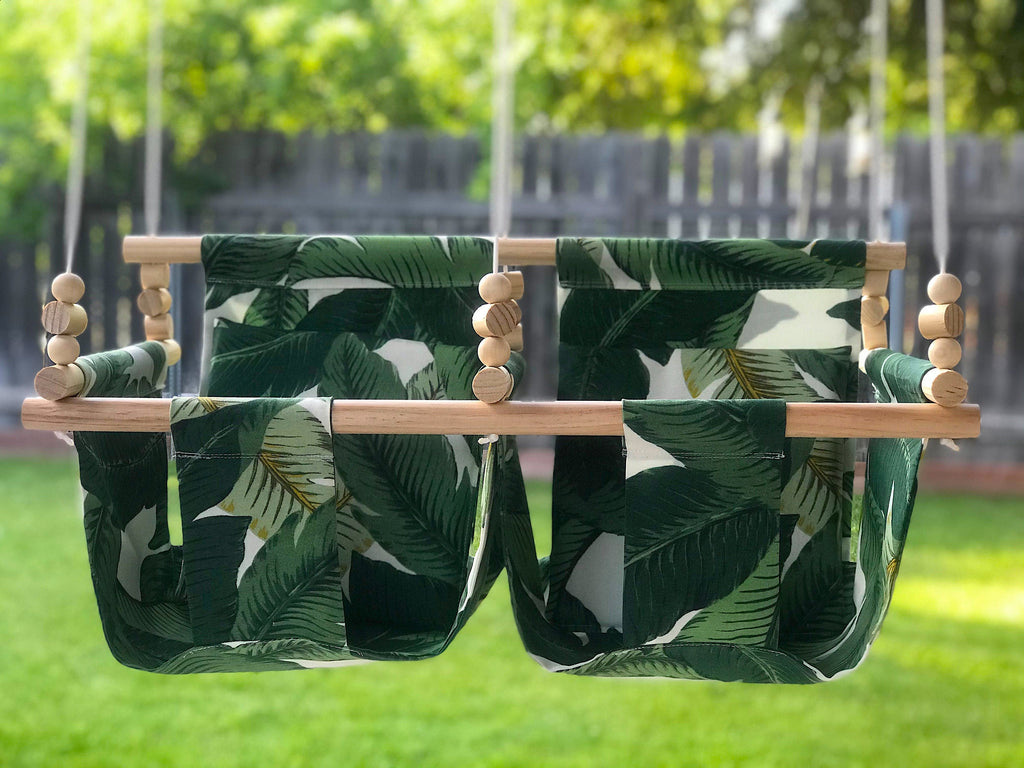 Floral Print High Back Twin / Siblings Babies Fabric Swing.  Double Indoor/Outdoor Baby/Toddler Swing with Pillows