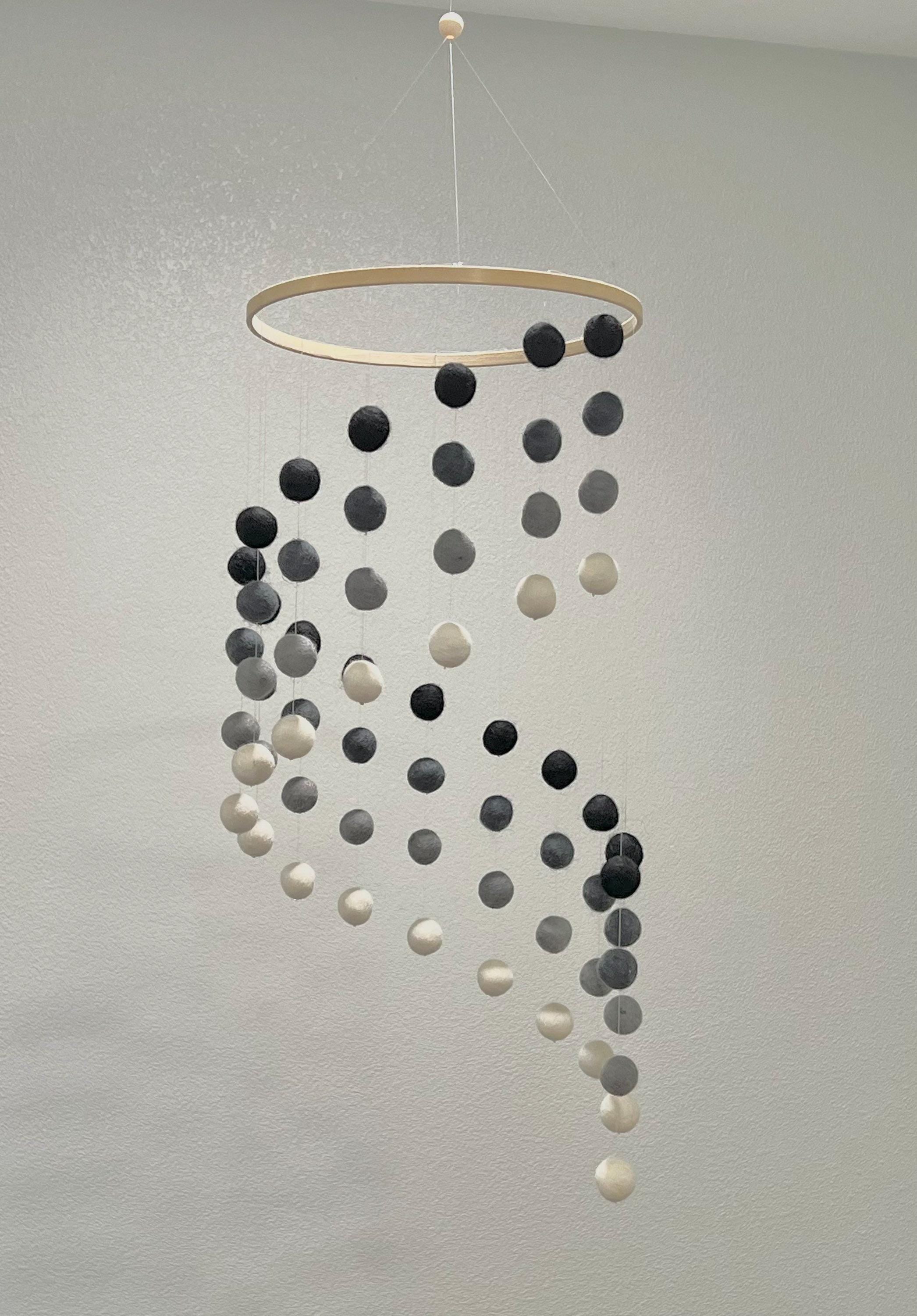 Monochrome felt wool ball mobile, pom pom mobile, felt pom pom mobile, felt ball mobile, minimalist mobile, boho nursery decor