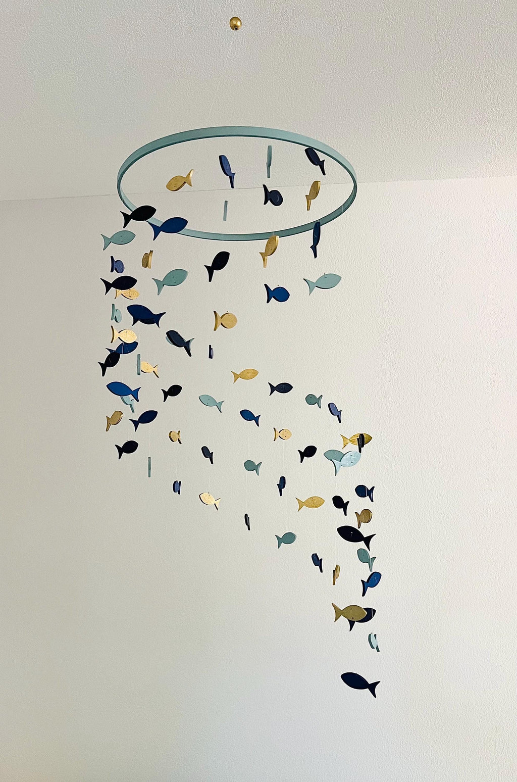 Blue and gold fishing mobile nursery, spiral baby mobile, boho baby mobile, multi color minimalist mobile, baby shower gender neutral mobile