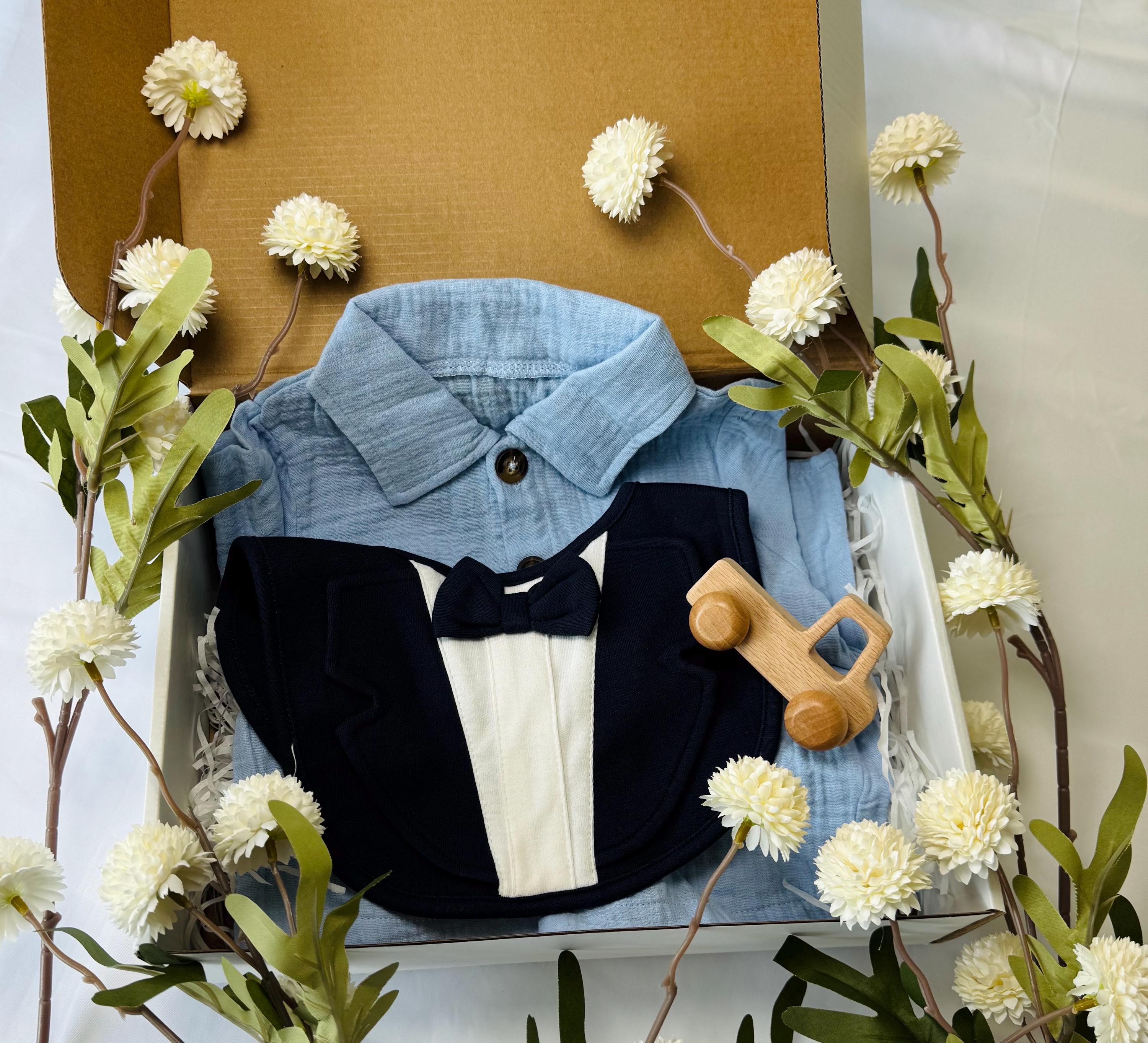 Christmas gift box Baby Boy Gift Box – Blue Button-Up Outfit, Tuxedo Bib & Wooden Toy – Newborn Shower Present