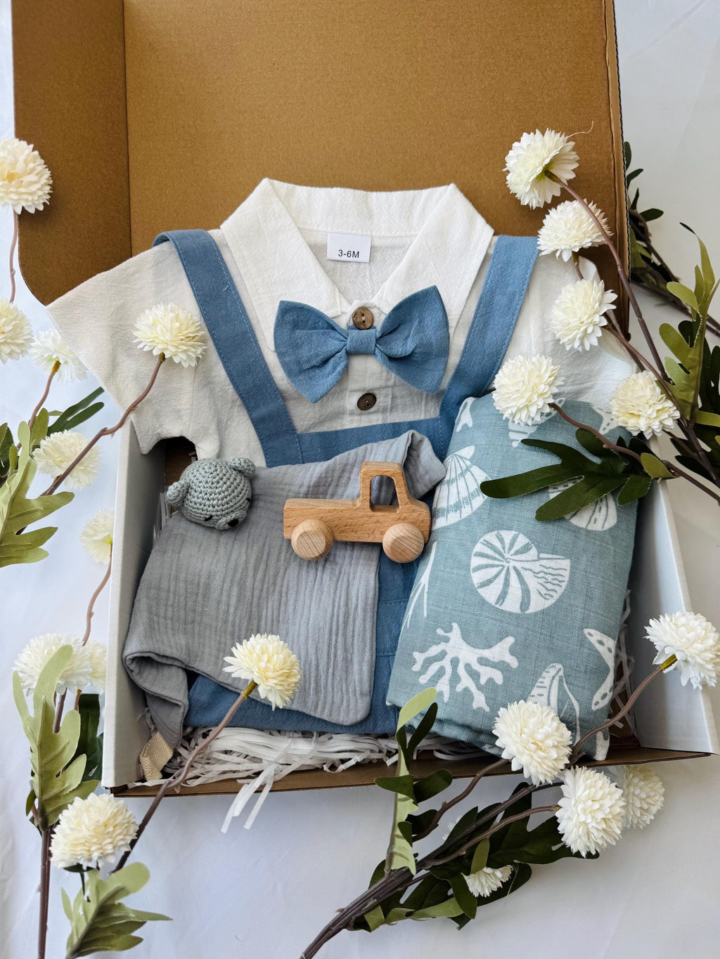 Baby Boy Gift Box – Newborn Outfit Set with Bowtie, Wooden Toy Truck & Swaddle Blanket | Baby Shower Gift | 3-6 Months