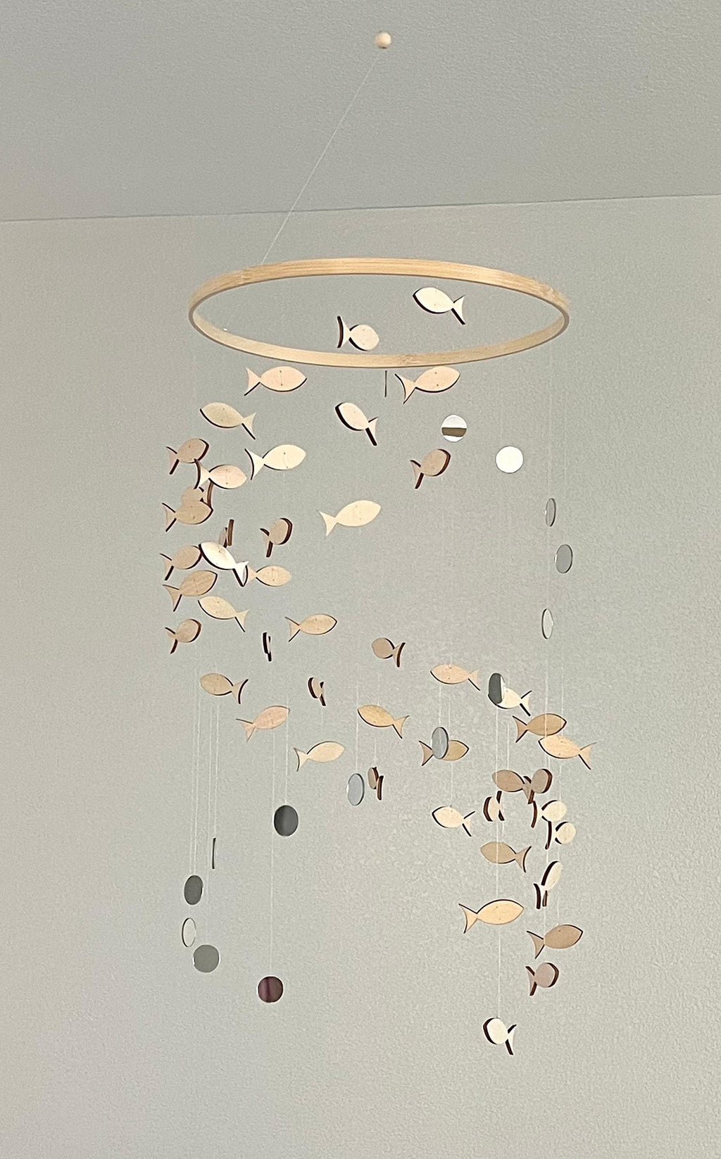 Wood fish and mirrors baby mobile , marine boho nursery night mobile, fishing kids mobile, minimalist mobile, fisherman neutral mobil