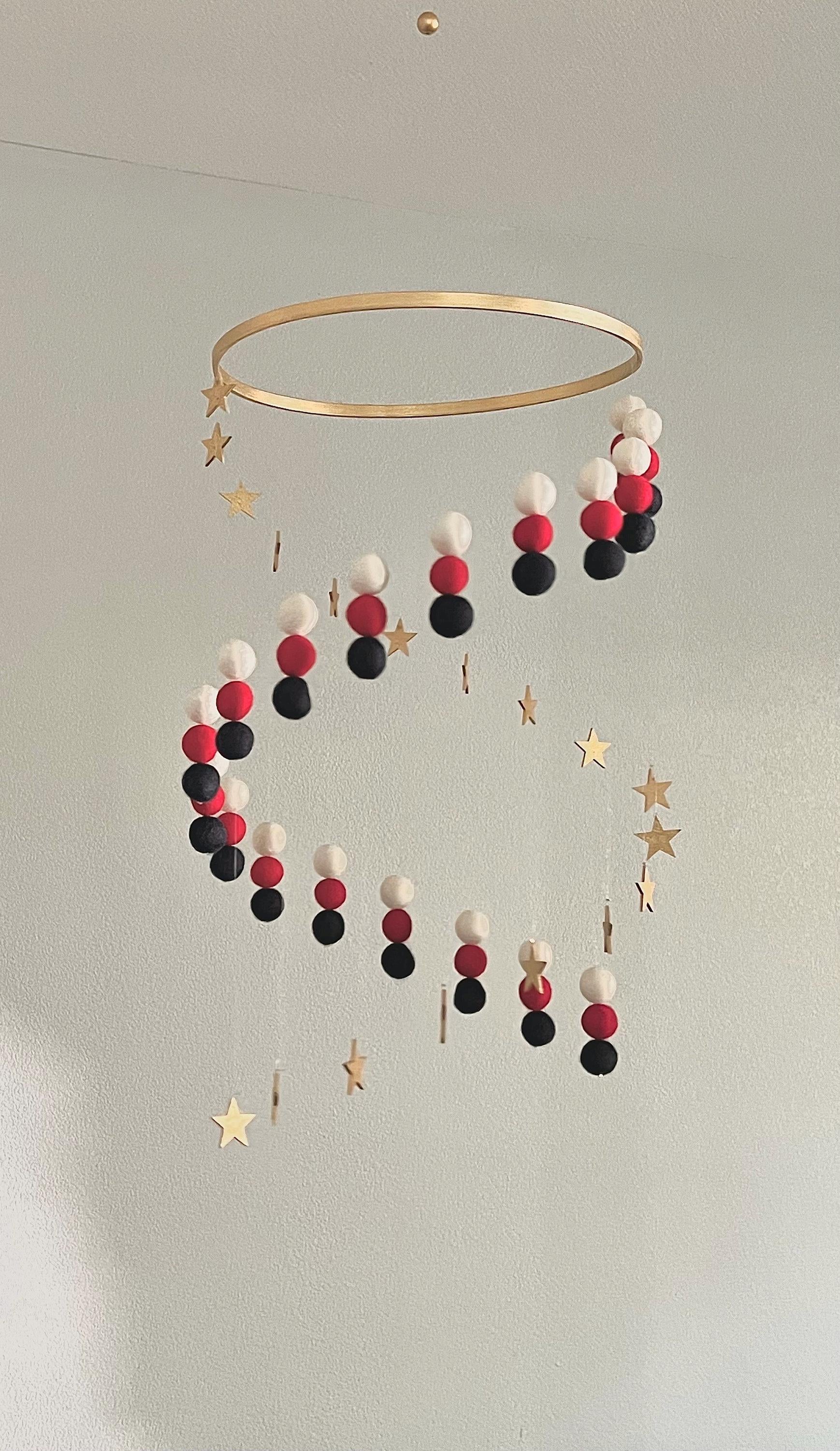 Gold stars and white, red, navy blue felt wool ball mobile, pom pom mobile, boho spinning mobile, minimalist mobile