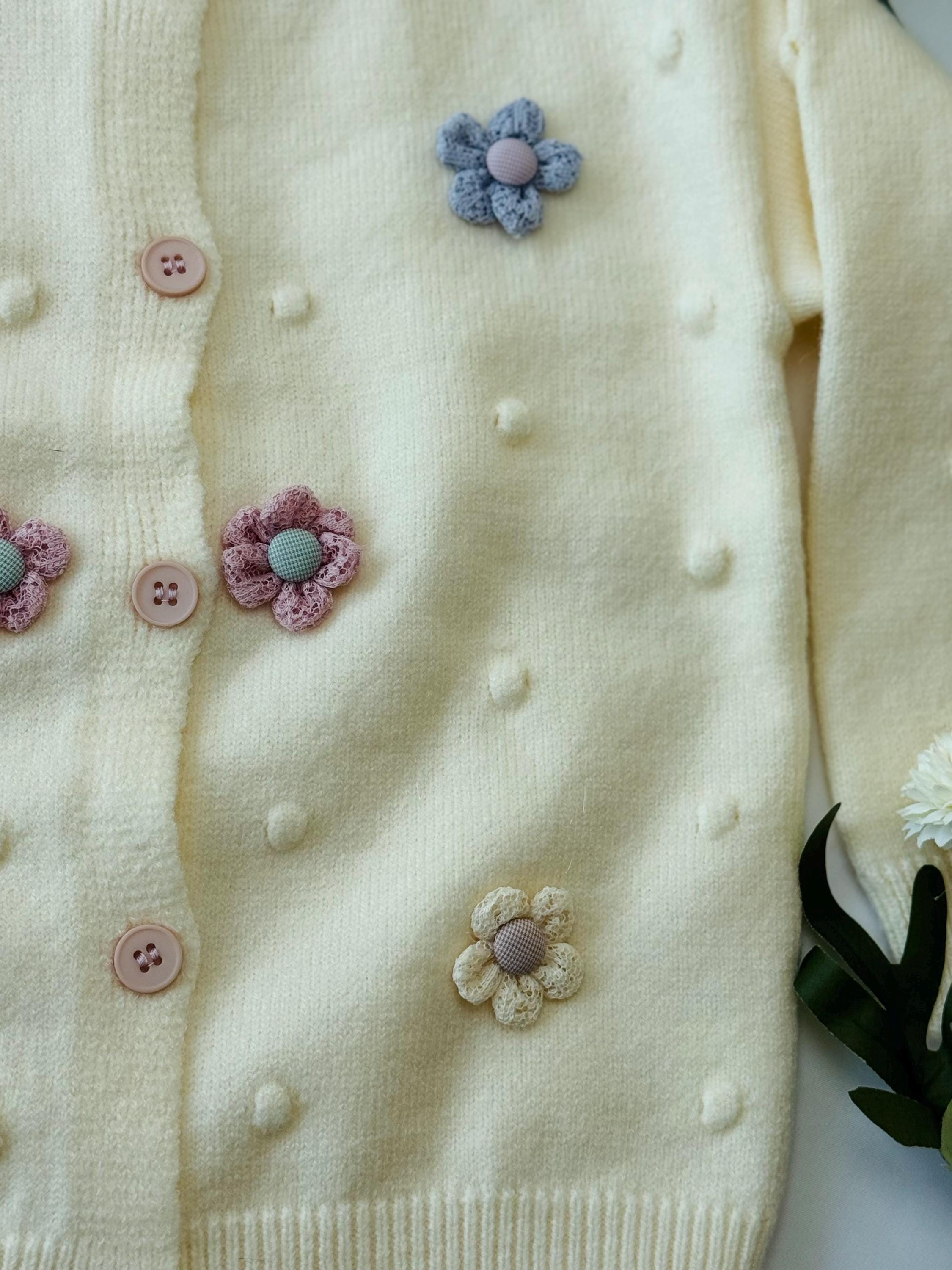 Baby Gift Box – Ivory Knit Cardigan with Daisies, Headbands & Bib | Baby Shower Gift |  Outfit Set | Coming Home Gift| 9 month