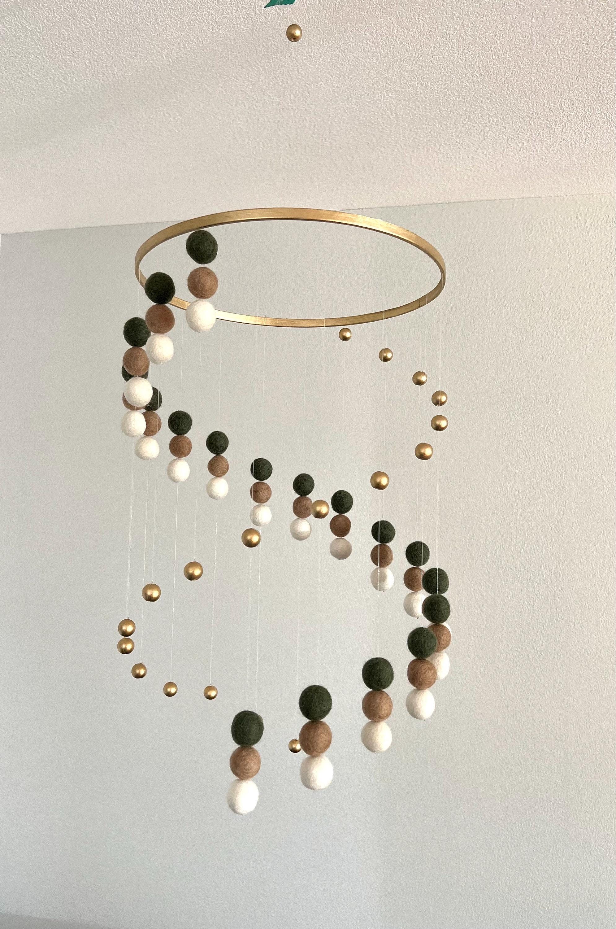 Gold balls and felt wool ball mobile, pom pom mobile, felt pom pom mobile, spinning mobile, minimalist mobile, boho nursery decor