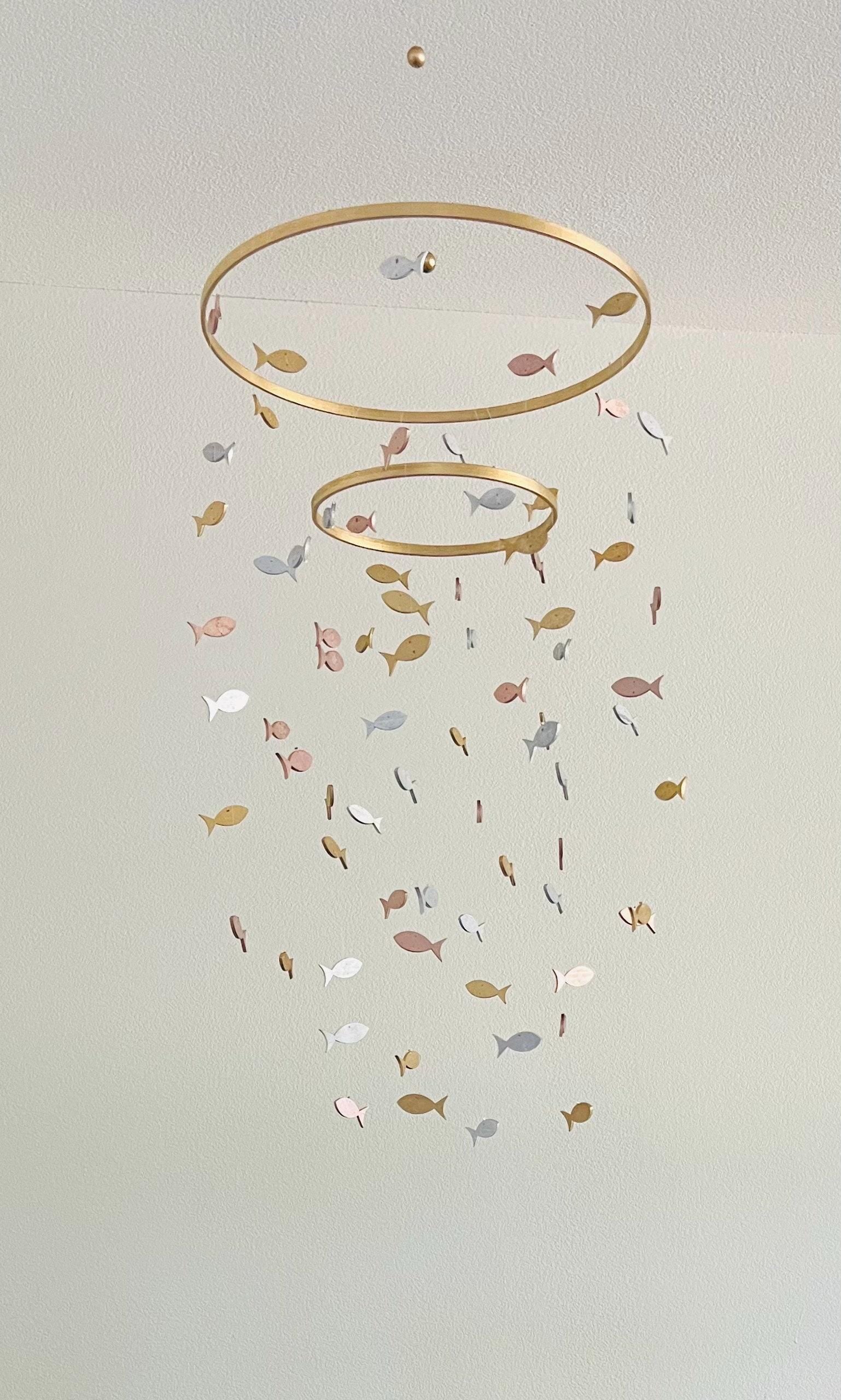 Big natural wood multicolored fishing mobile, marine crib mobile nursery, kids mobile, minimalist mobile, gender neutral mobile