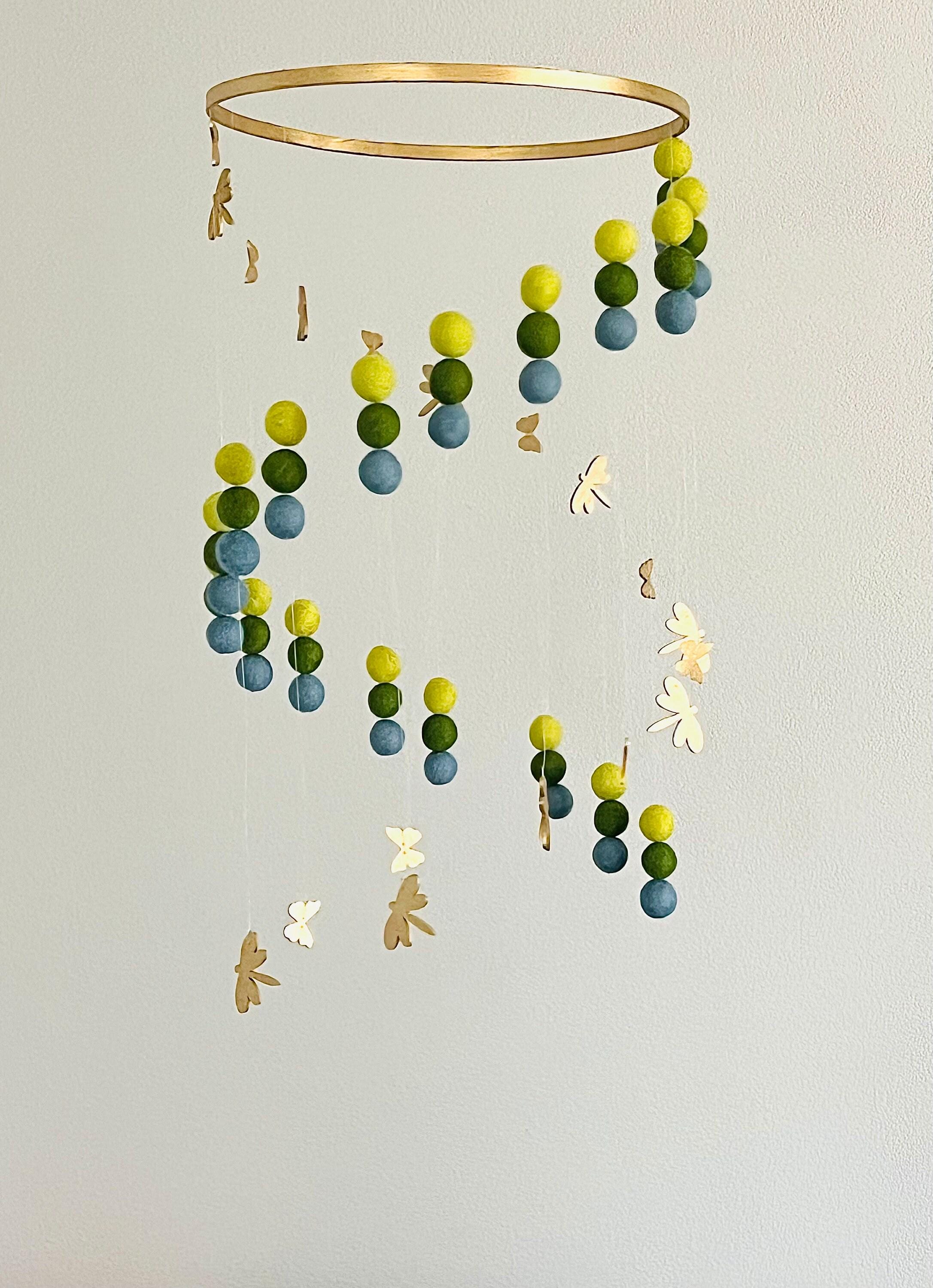 Gold butterflies and dragonflies felt wool balls mobile, forest pom pom mobile, jungle felt mobile, minimalist mobile, boho nursery decor
