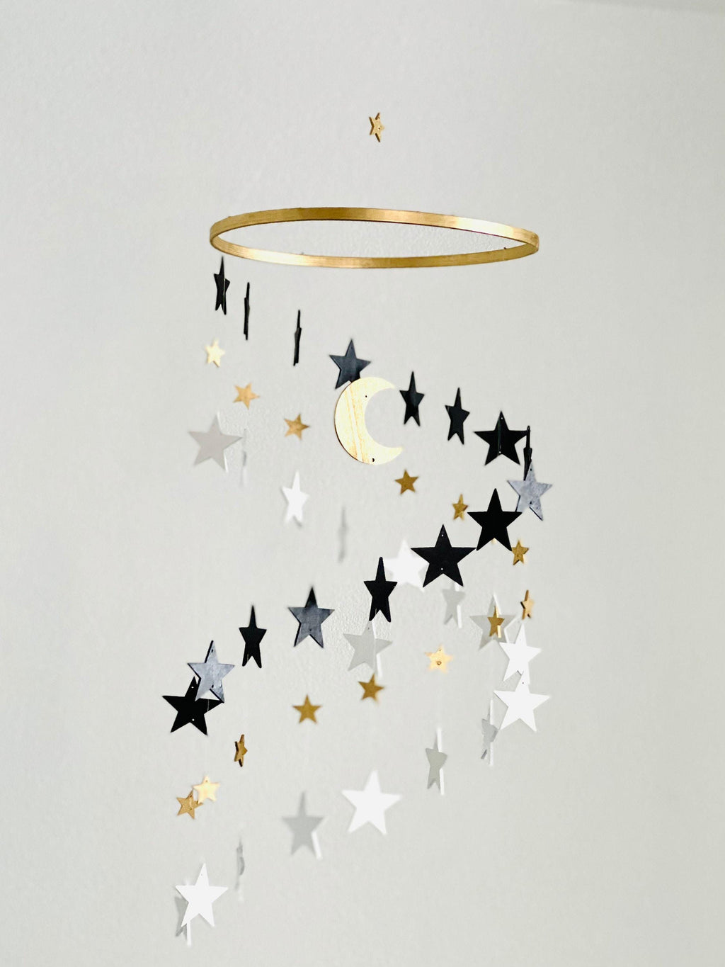 Gold and black and white stars baby mobile, wood stars and moon mobile nursery, spinning mobile, kids room decor, minimalist mobiles
