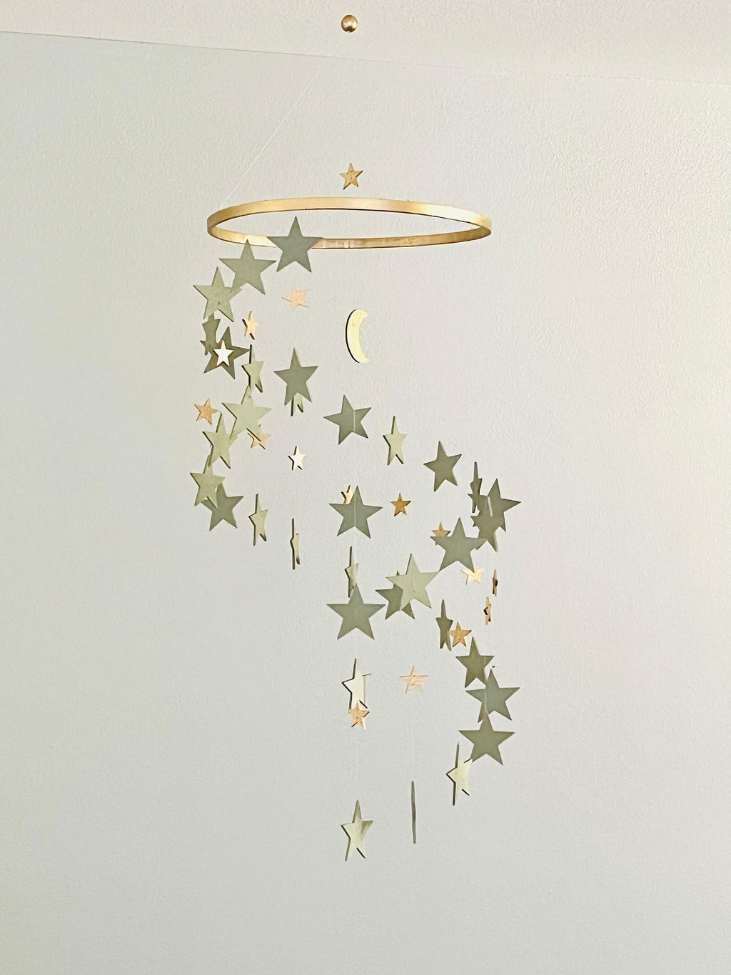 Gold and sage green stars baby mobile, wood stars and moon mobile nursery, toddlers mobile, kids room decor, minimalist mobiles