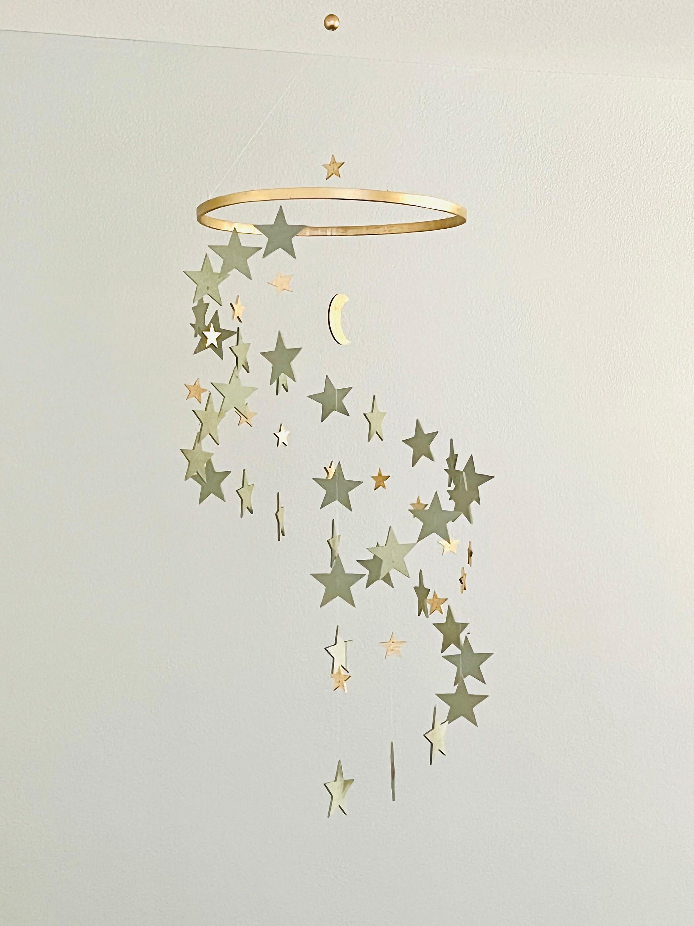 Gold and sage green stars baby mobile, wood stars and moon mobile nursery, toddlers mobile, kids room decor, minimalist mobiles