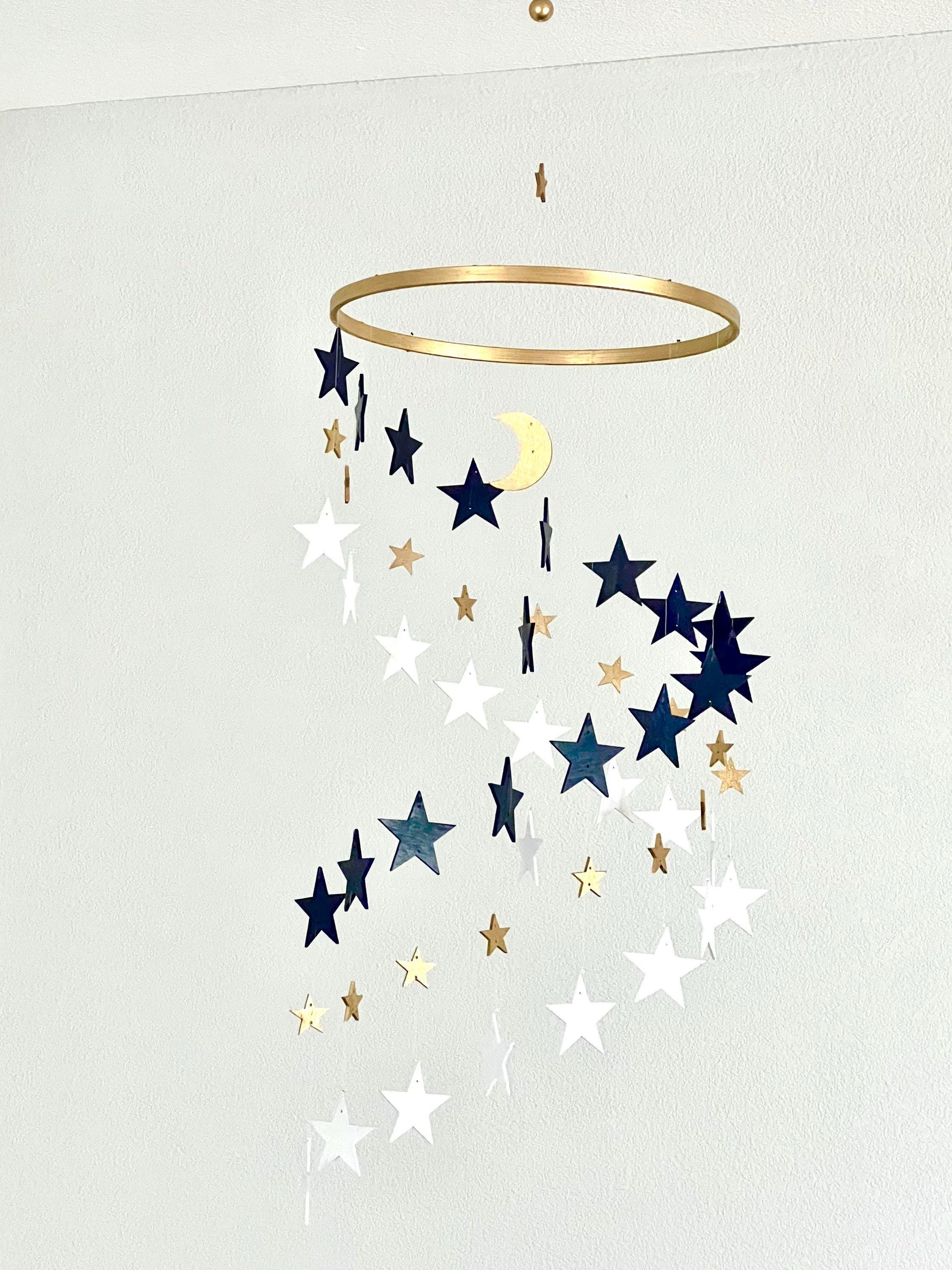 Gold and navy and white stars baby mobile, wood stars and moon mobile nursery, toddlers mobile, kids room decor, minimalist mobiles