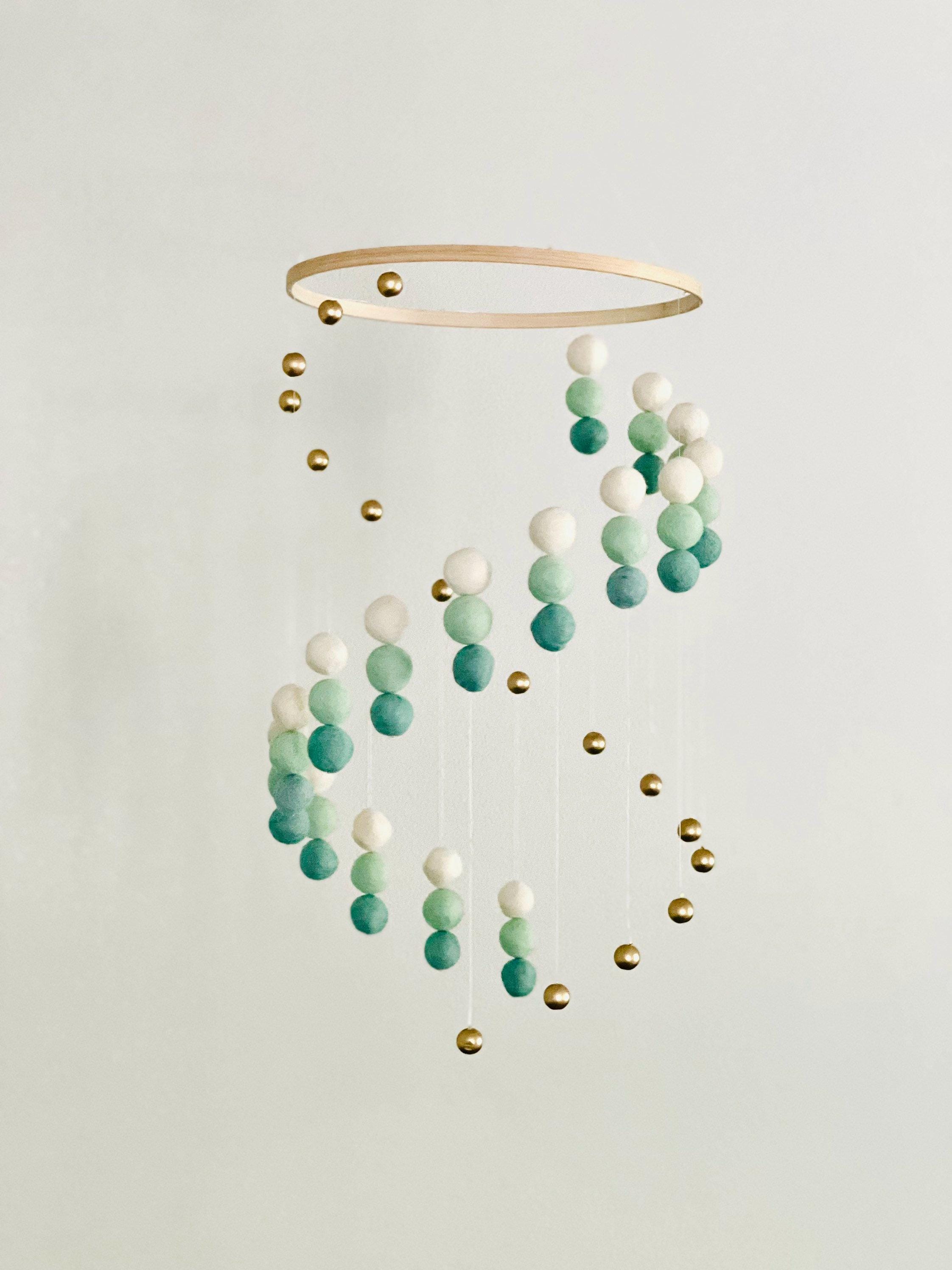 Mint ombre felt wool ball mobile, gold balls and pom pom mobile, felt  mobile, felt ball mobile, minimalist mobile, boho nursery decor