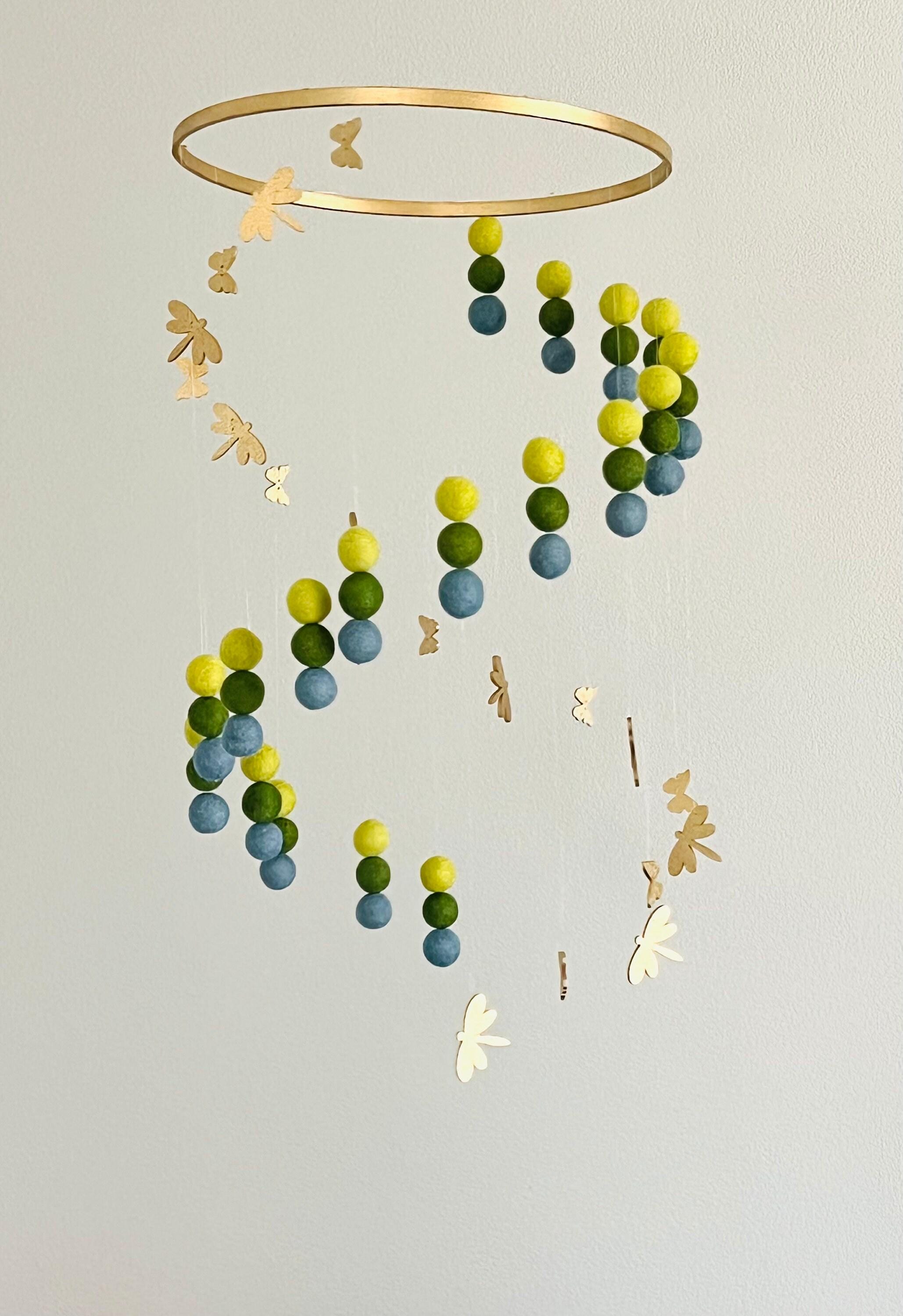Gold butterflies and dragonflies felt wool balls mobile, forest pom pom mobile, jungle felt mobile, minimalist mobile, boho nursery decor