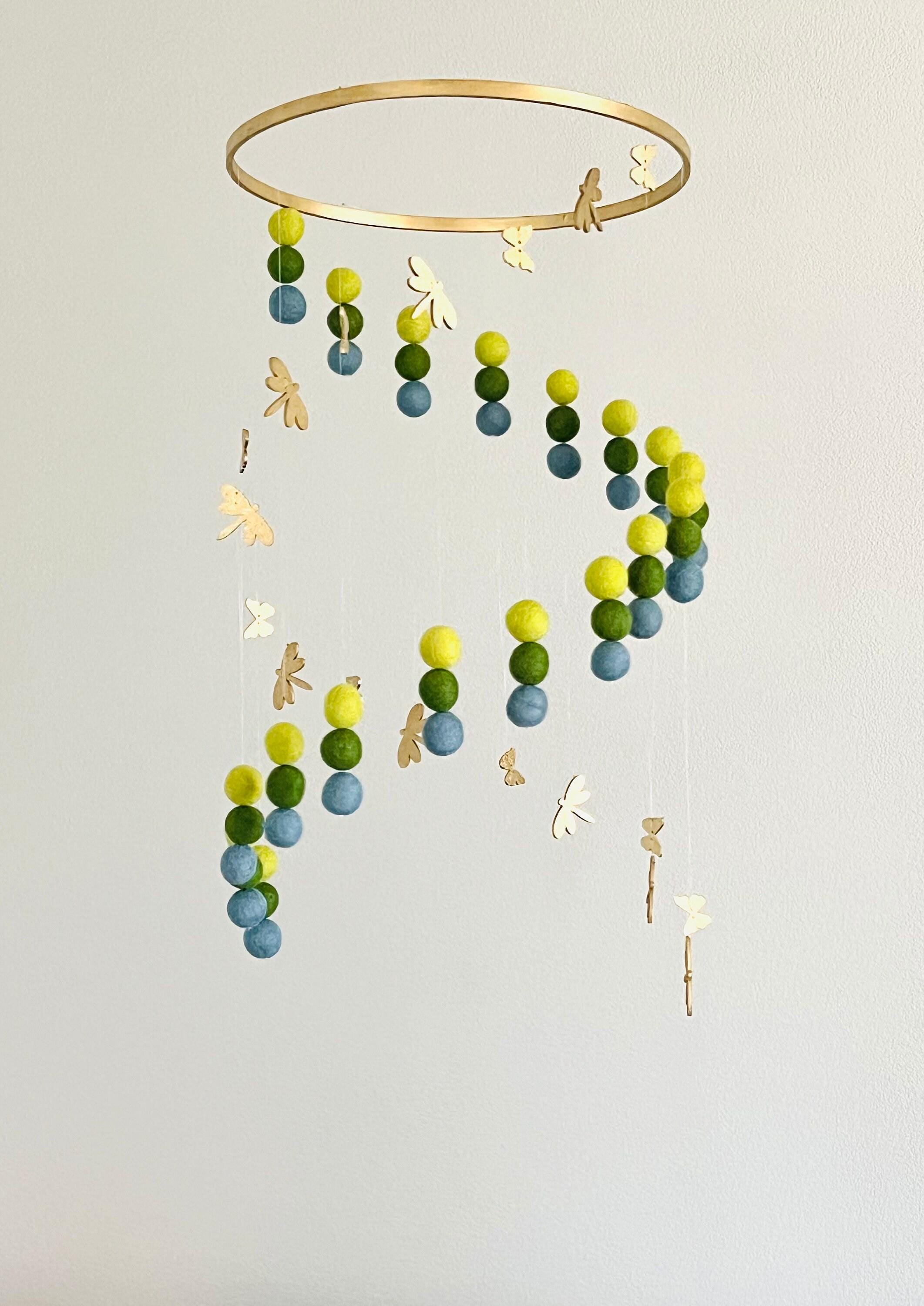 Gold butterflies and dragonflies felt wool balls mobile, forest pom pom mobile, jungle felt mobile, minimalist mobile, boho nursery decor