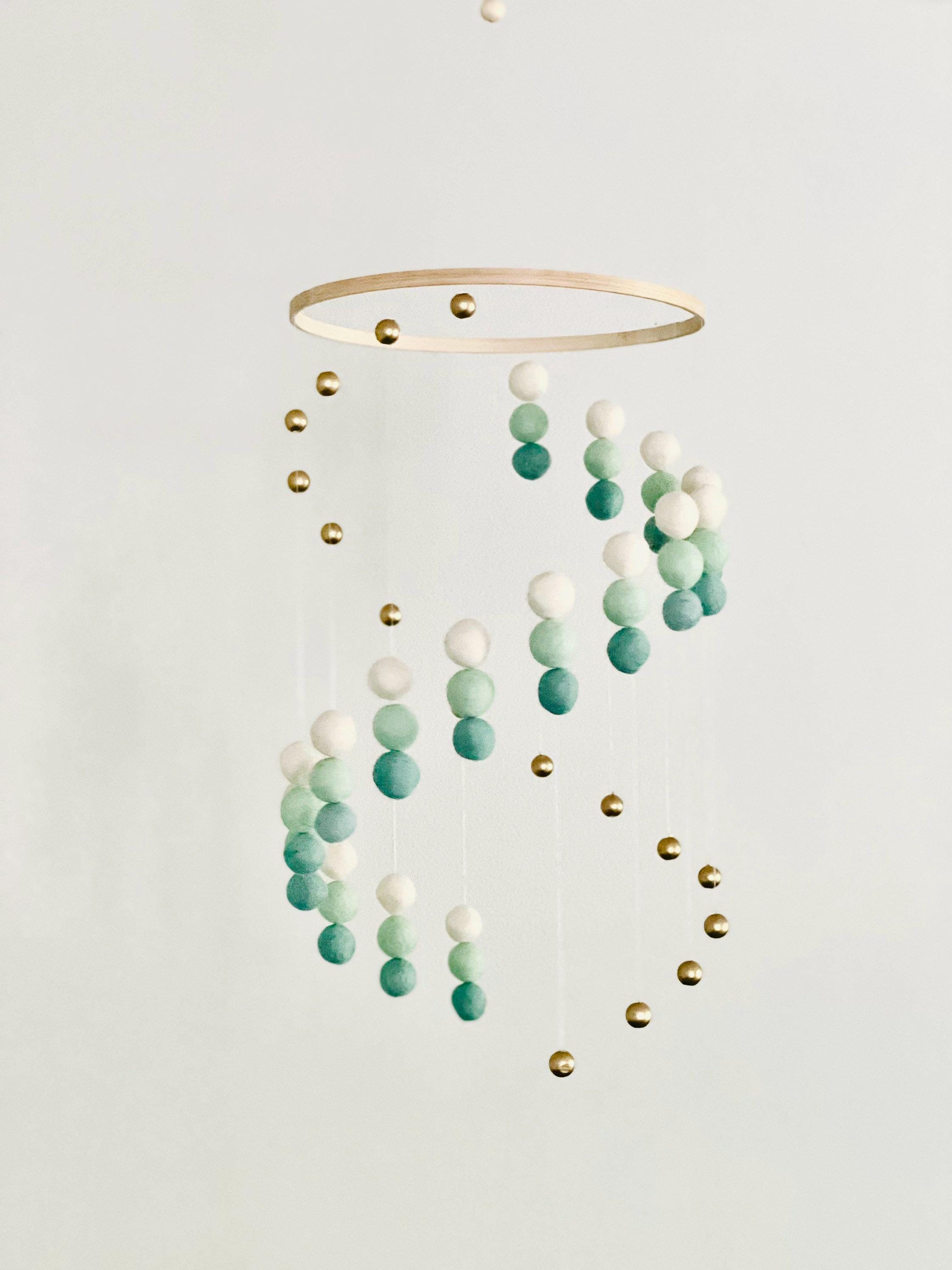 Mint ombre felt wool ball mobile, gold balls and pom pom mobile, felt  mobile, felt ball mobile, minimalist mobile, boho nursery decor