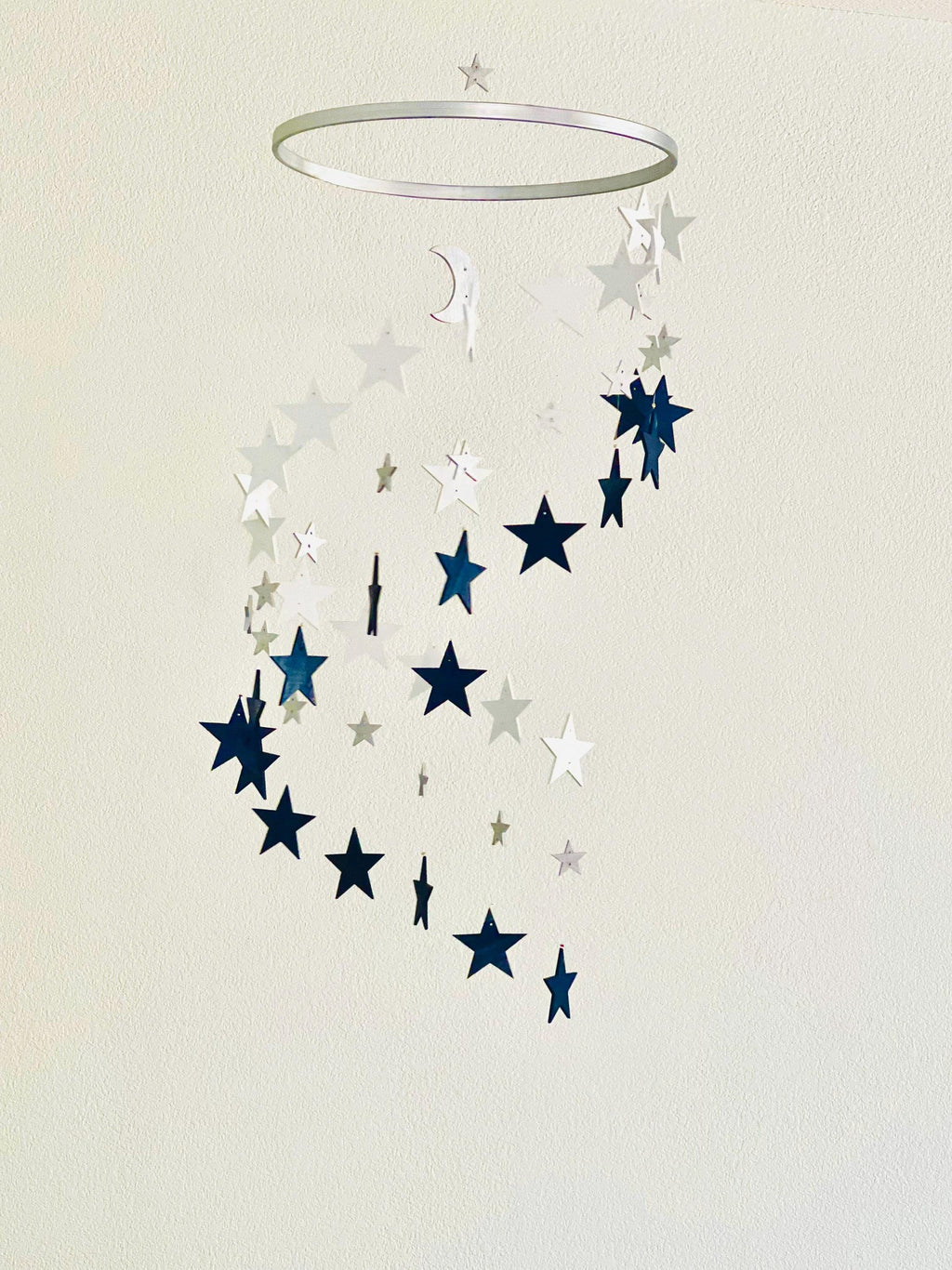 Silver navy and white stars baby mobile, wood stars and moon mobile nursery, toddlers mobile, kids room decor, minimalist mobiles