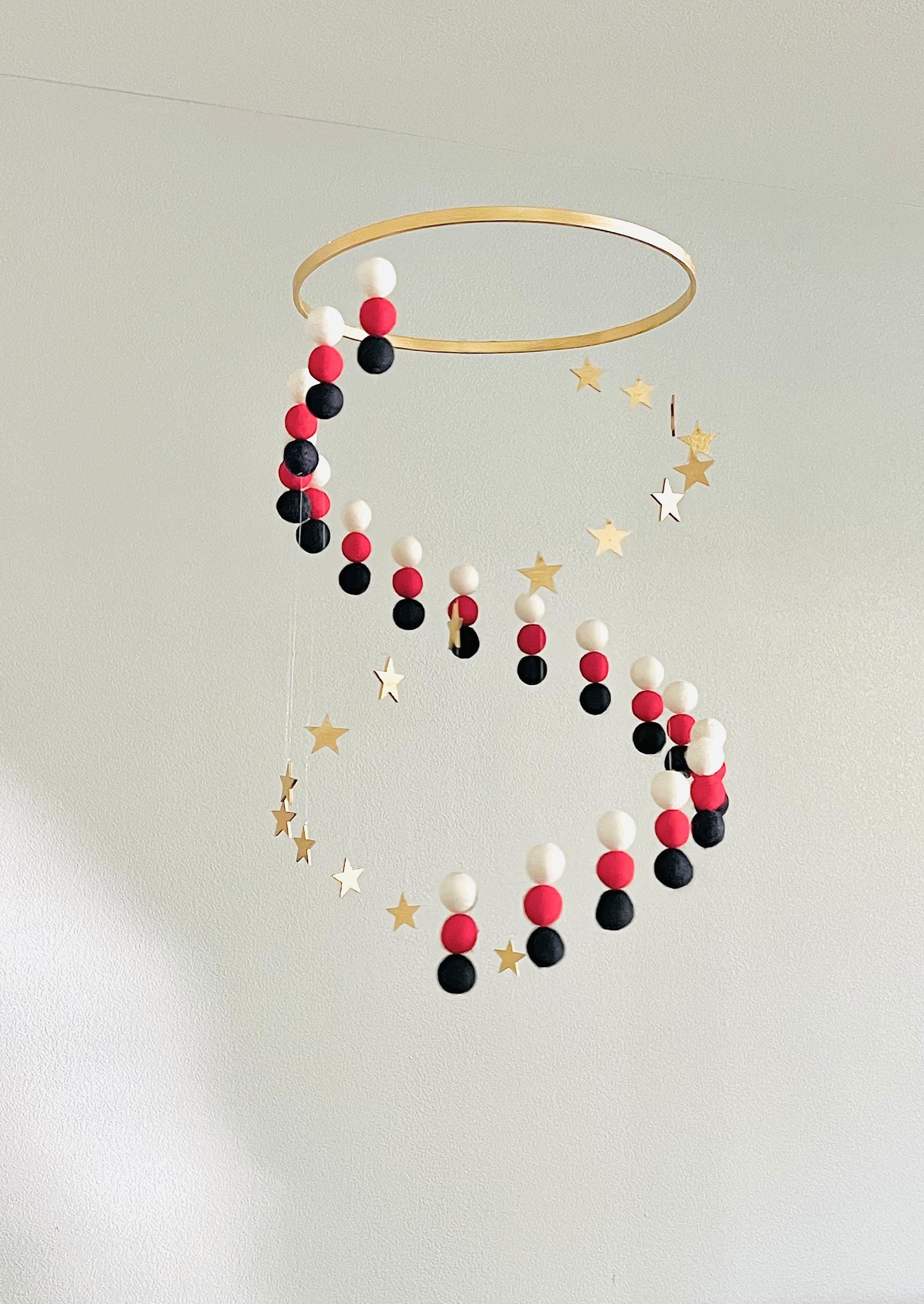 Gold stars and white, red, navy blue felt wool ball mobile, pom pom mobile, boho spinning mobile, minimalist mobile